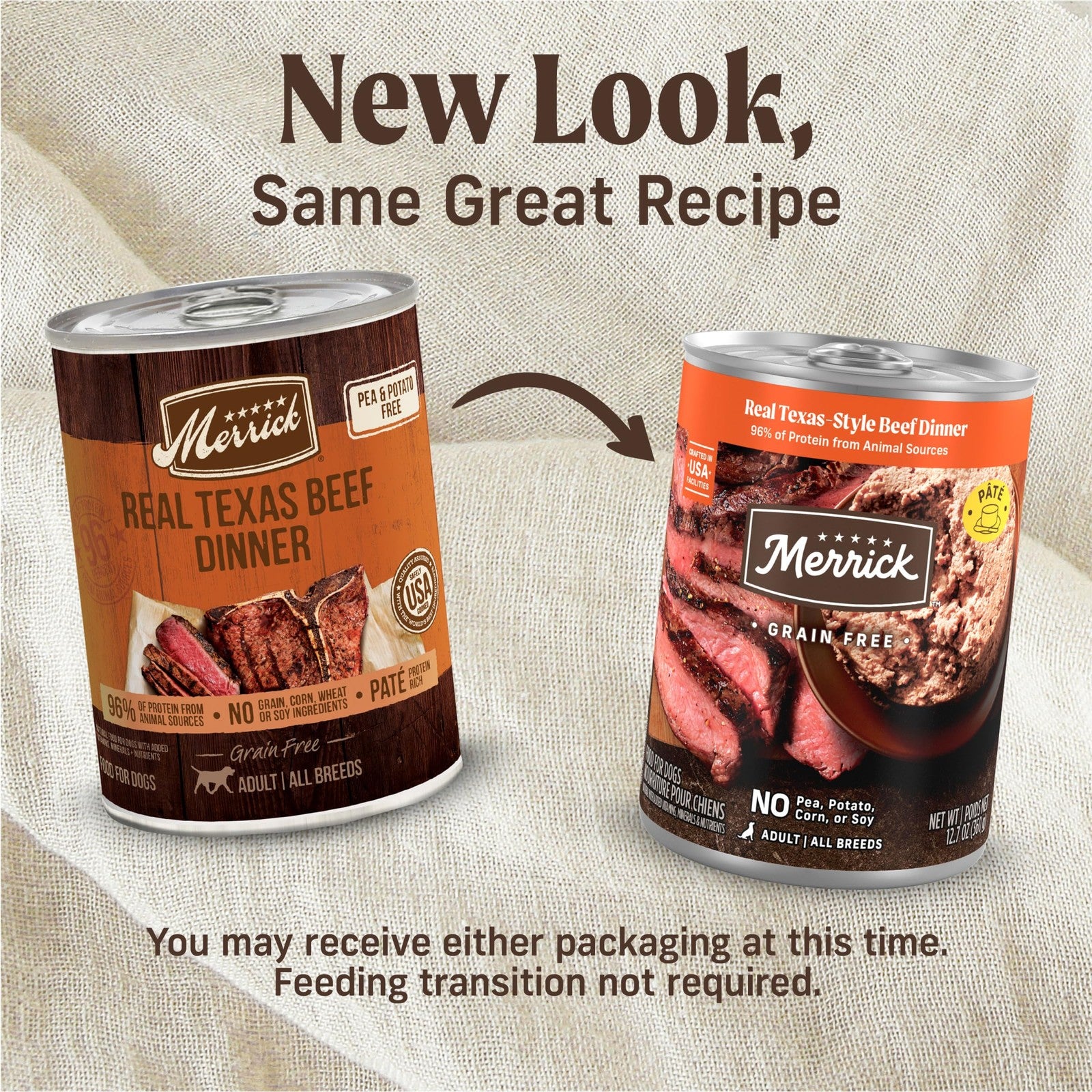 Canned dog food by Merrick featuring grain-free Texas beef dinner, showing the unopened can with beef and natural ingredients.