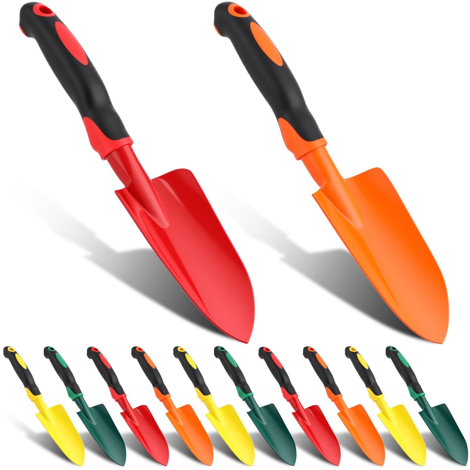 Yaocom 12-piece garden shovel set with aluminum alloy heavy-duty trowels and small digging shovels for gardening and planting tasks.