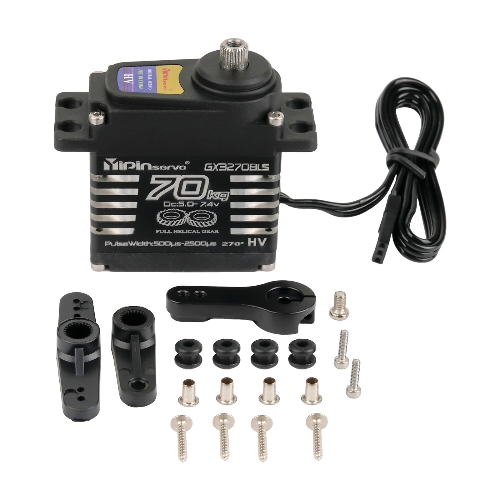 RCmall Rcmakl 70KG high torque GX3270BLS digital RC servo with metal gears, showing the servo with wiring and gear details.