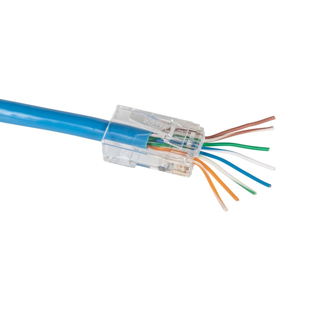 Klein Tools VDV826-702 Pass-Thru Modular Data Plug with RJ45 CAT5E gold connectors for network wiring.