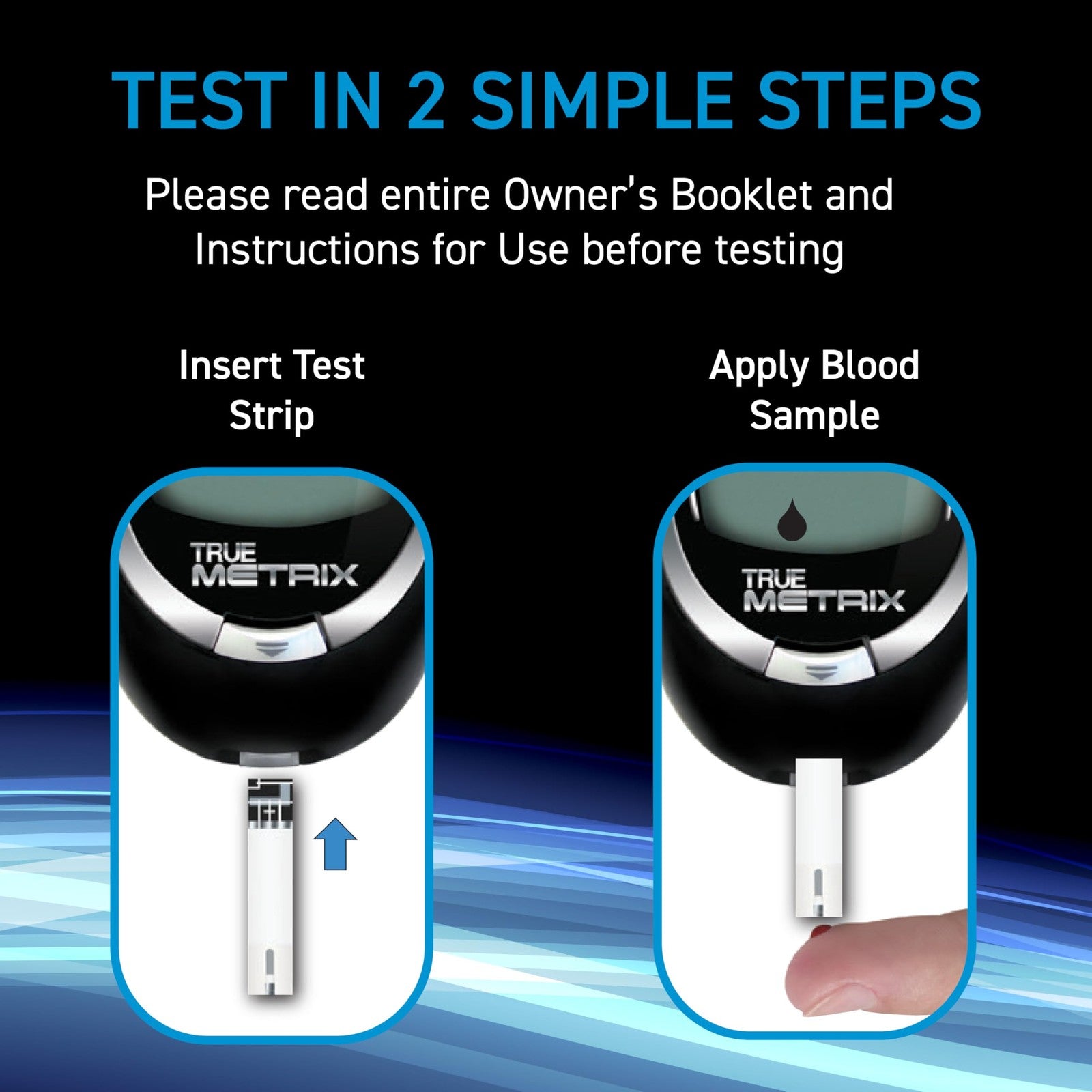 Two packs of True Metrix blood glucose test strips, each containing 100 strips, for diabetes blood sugar monitoring.