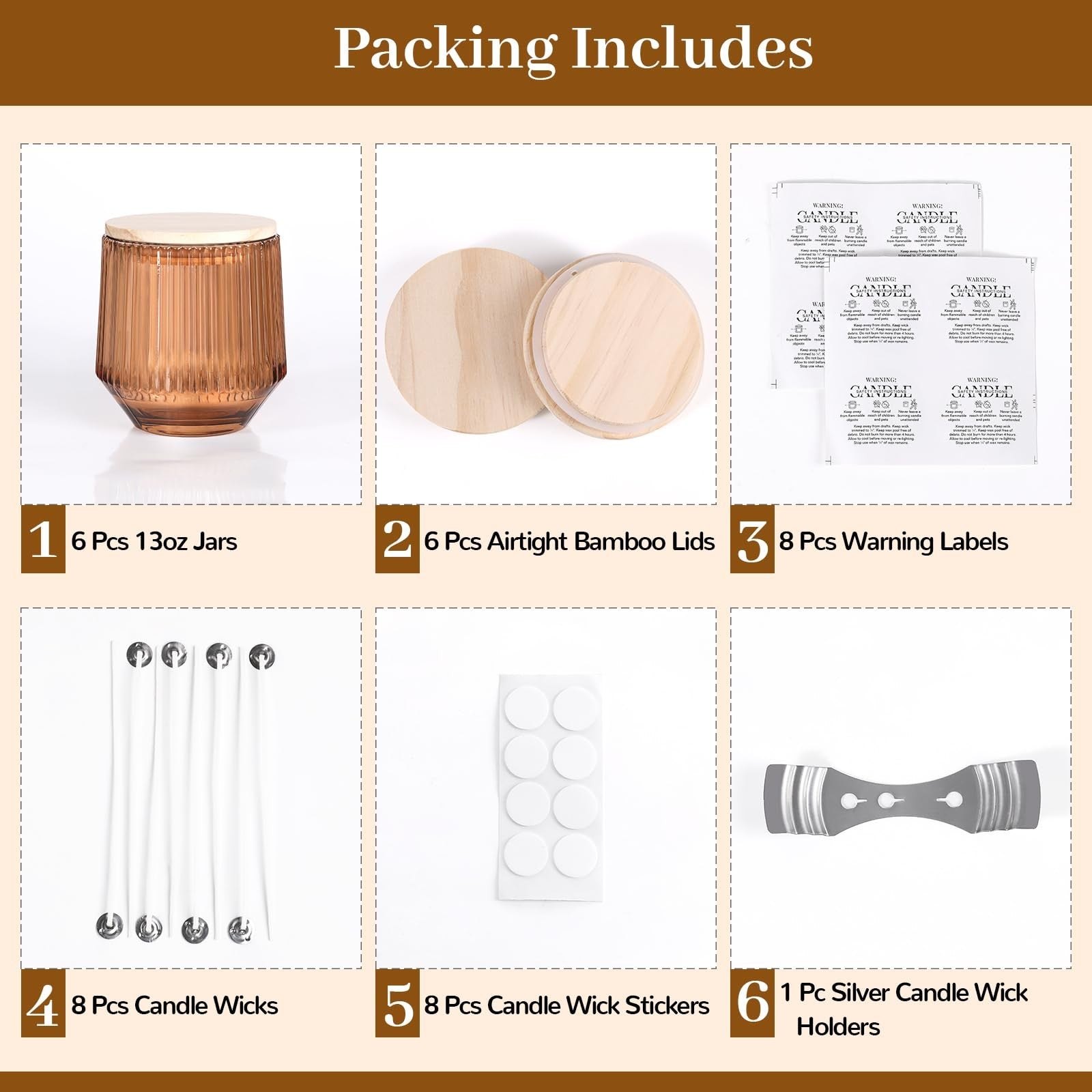 Six Simeitol 13 oz terracotta ribbed glass candle jars for making candles, displayed in a set.