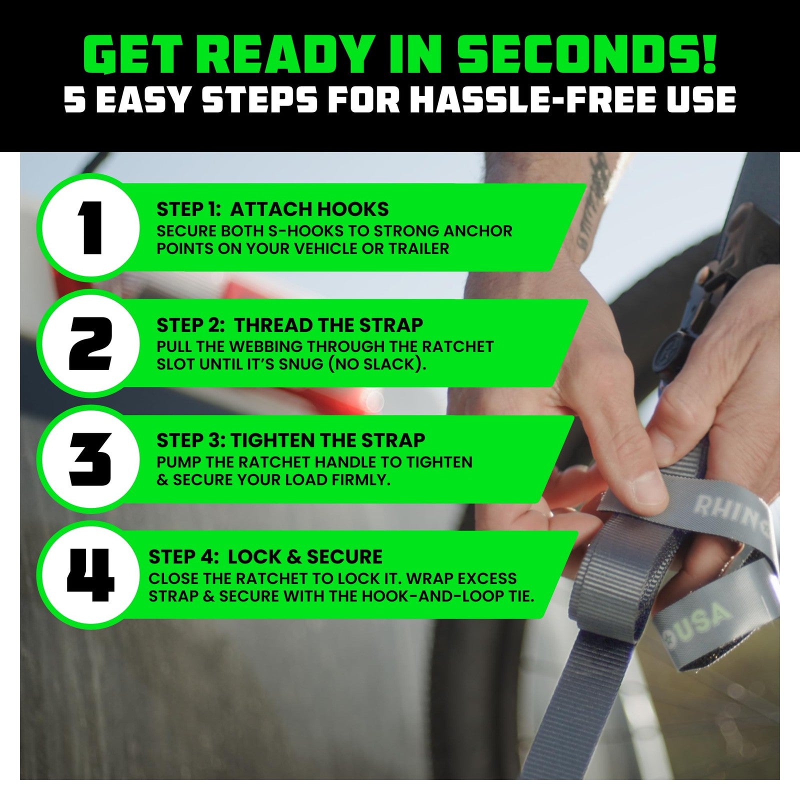 Rhino USA ratchet straps tie downs 4-pack, 1 inch by 15 feet, heavy-duty with 1823 lb break strength, shown in use on equipment.