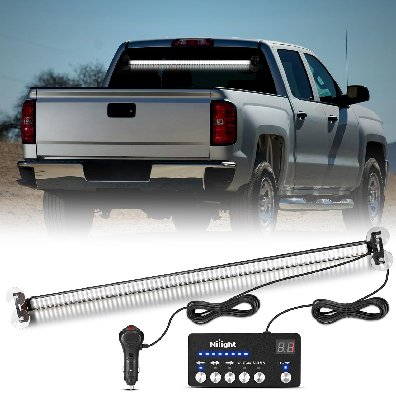Nilight 144LED traffic advisor strobe light bar with white emergency lights and controller, mounted on vehicle roof for visibility.
