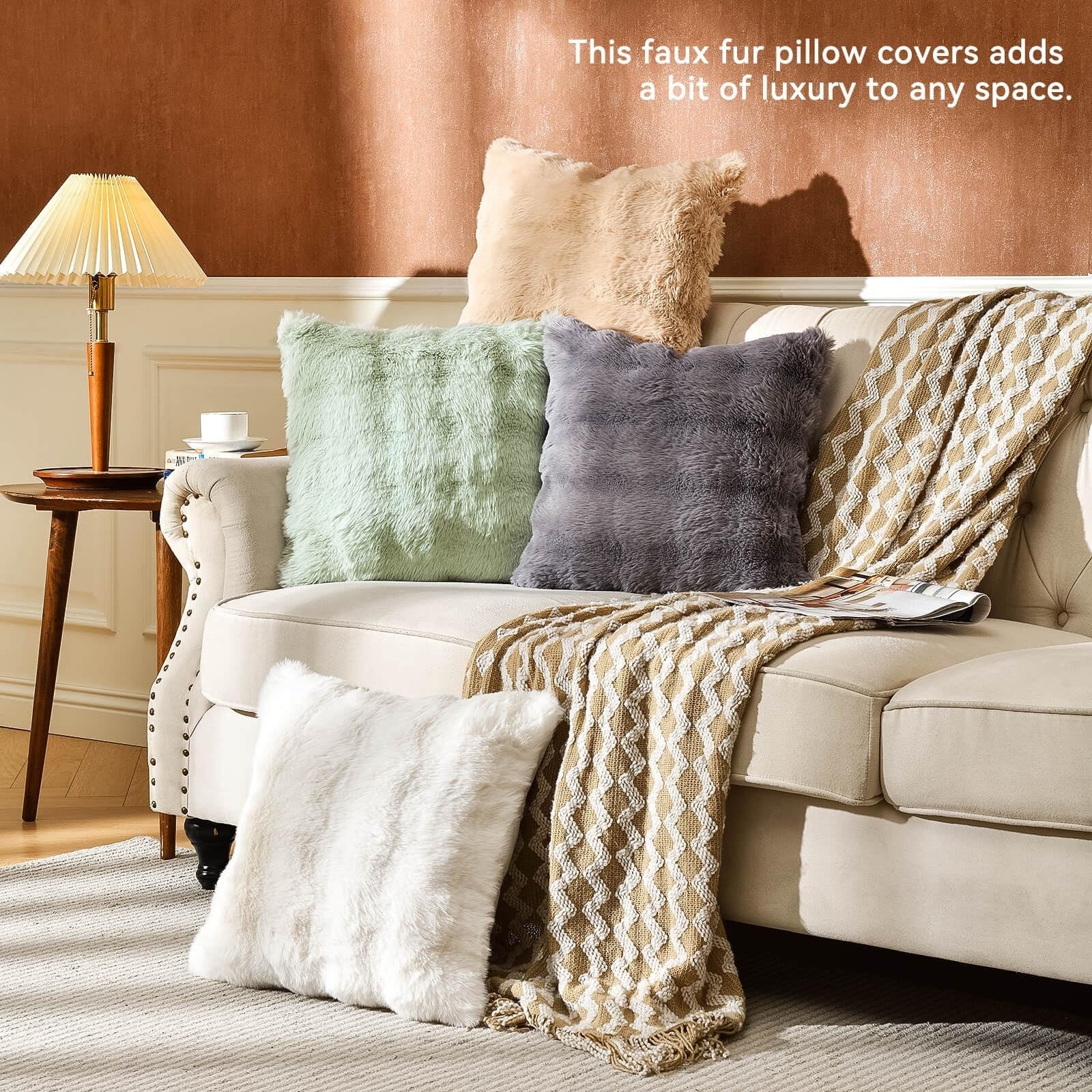 AmHoo pack of 2 cozy throw pillow covers with soft 3D dense faux rabbit fur, perfect for plush and stylish home decor.