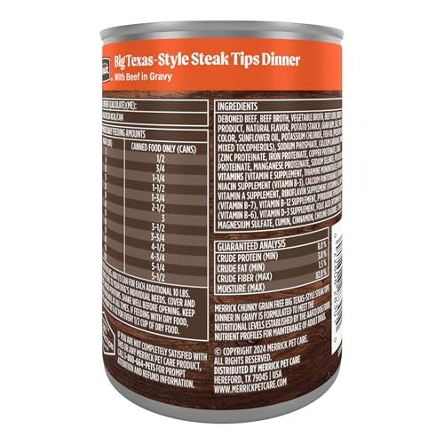Canned Merrick Chunky Grain-Free Dog Food with real meat, showcasing the wholesome, chunky texture in a premium, natural recipe.