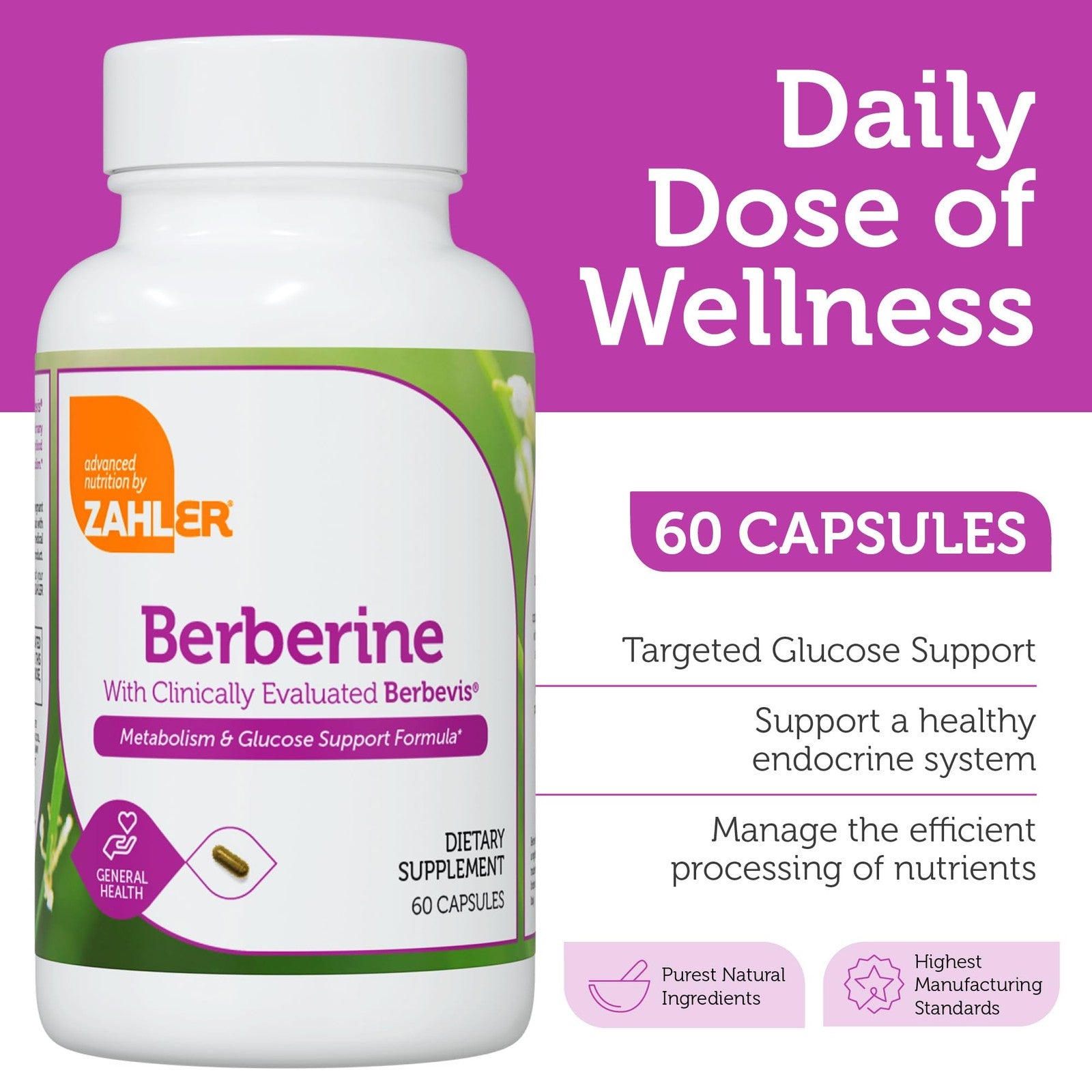Zahler Berberine supplement bottle with label showing Clinically Evaluated Berbevis for metabolism and glucose support.
