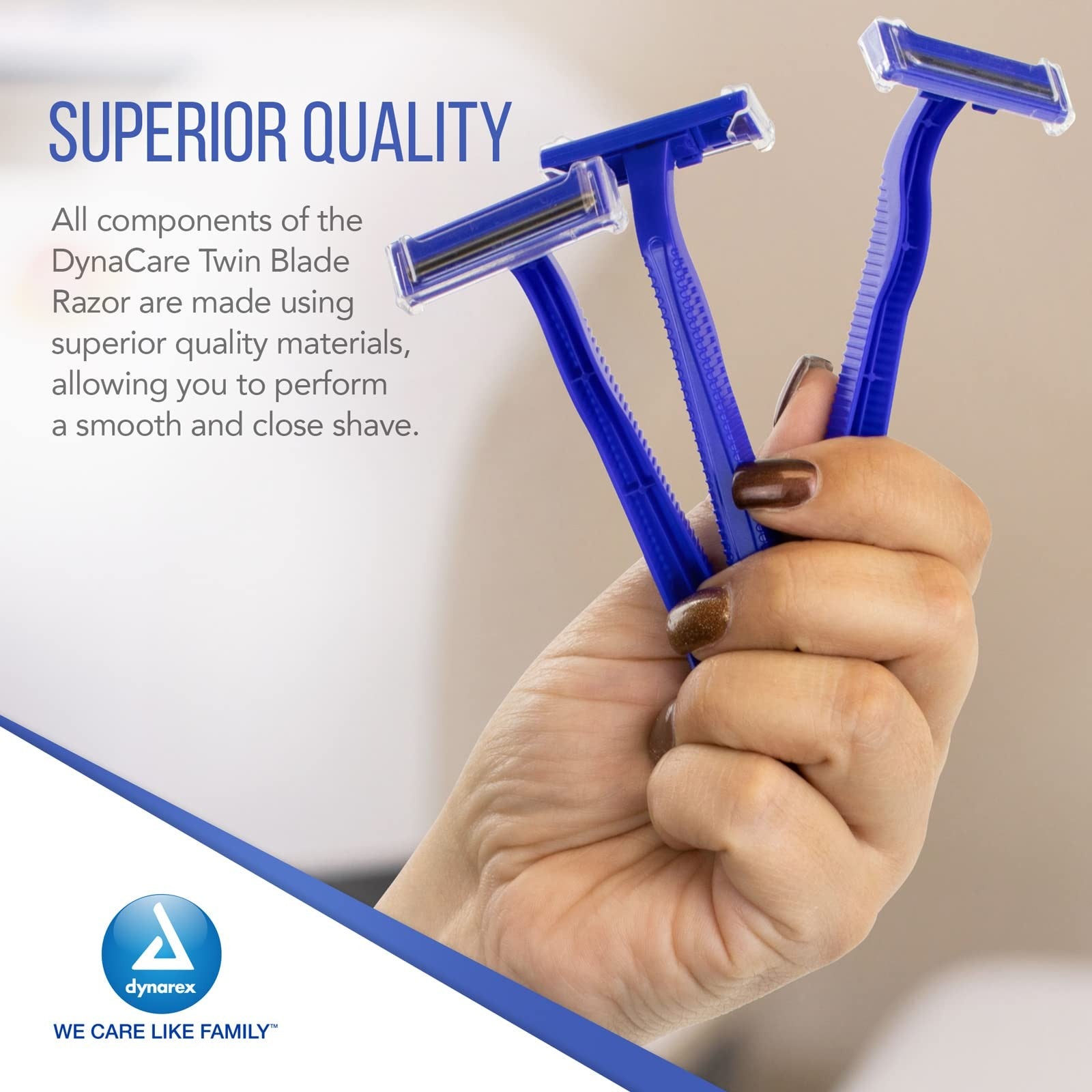Dynarex DynaCare twin blade disposable razor with two blades, unisex design, featuring a blue handle and ergonomic grip.