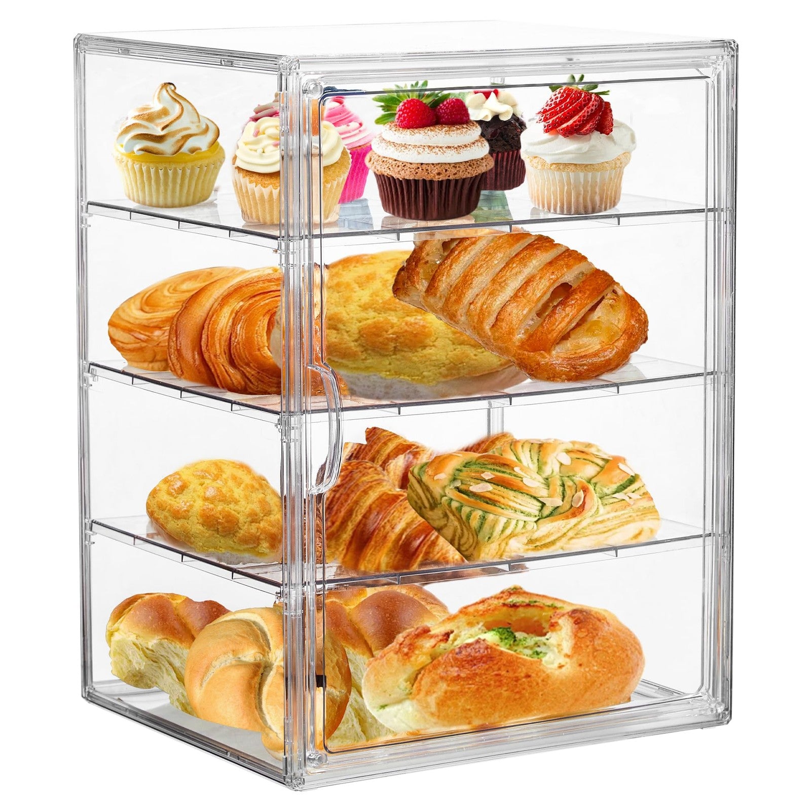 Attelite 4-layer adjustable clear pastry display case with glass shelves for bread and baked goods in a kitchen setting.