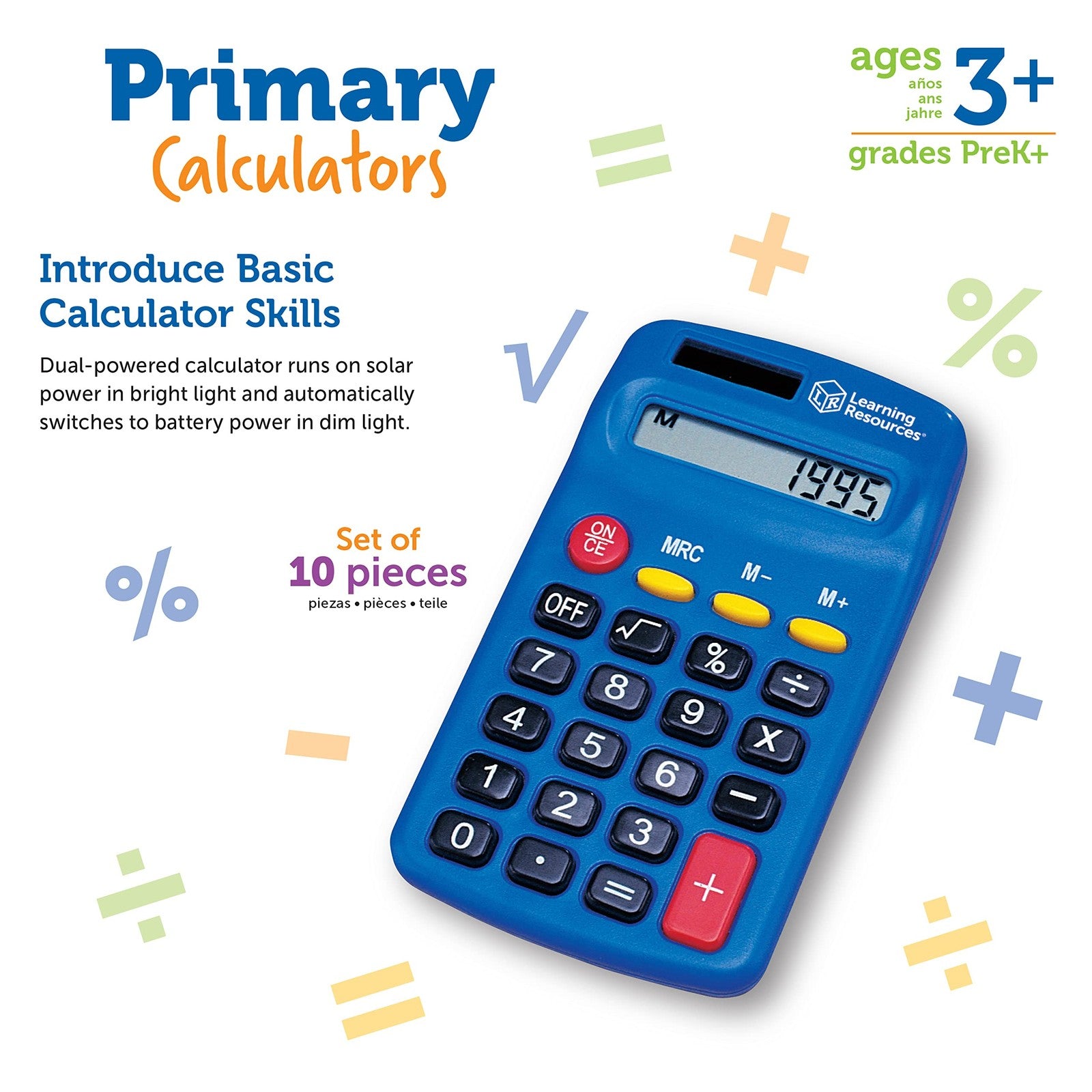 Learning Resources primary calculator with solar panel and battery, designed for basic arithmetic learning for children.