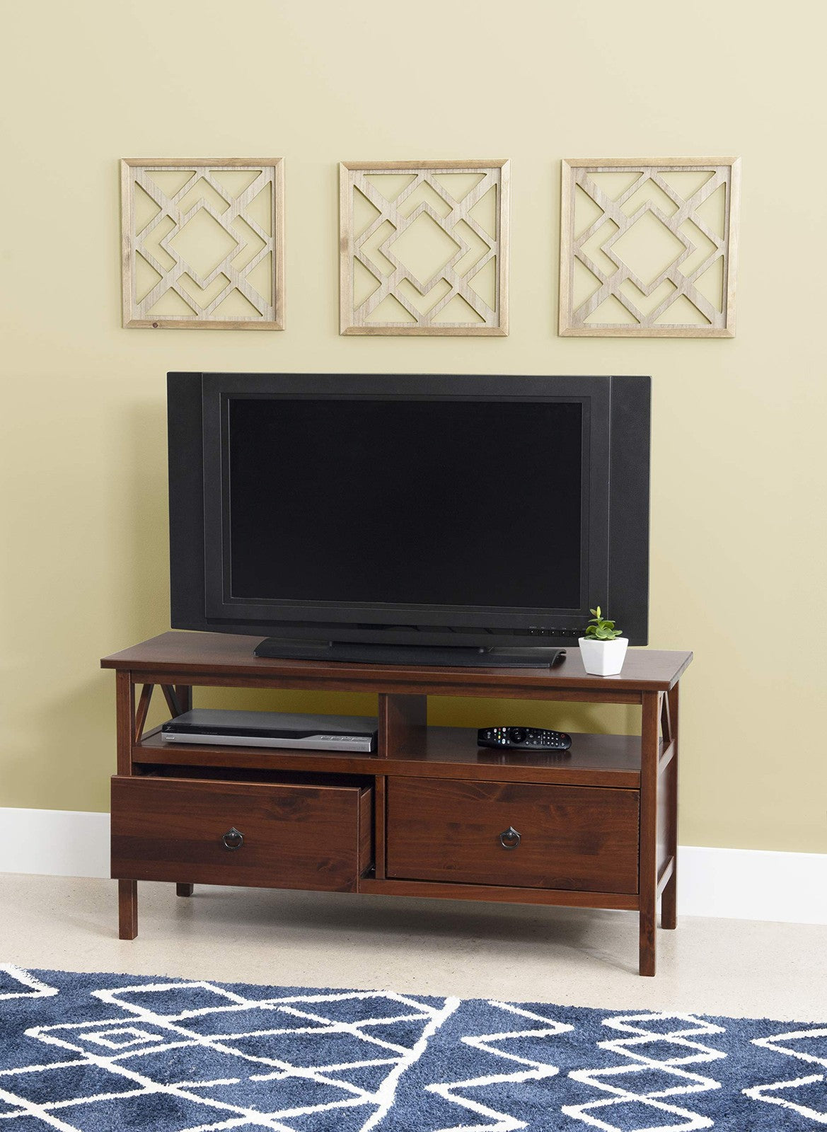 Linon Home Decor antique tobacco Titian TV stand with wood finish and classic design, measuring 44.02 inches wide.