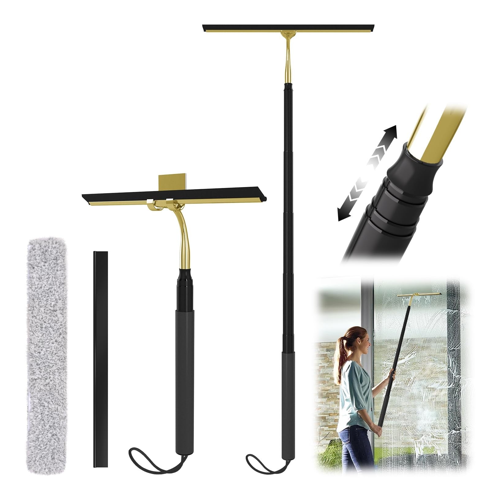 Rakovar shower squeegee with long telescopic handle for easy window and shower glass cleaning, adjustable from 15 to 51 inches.