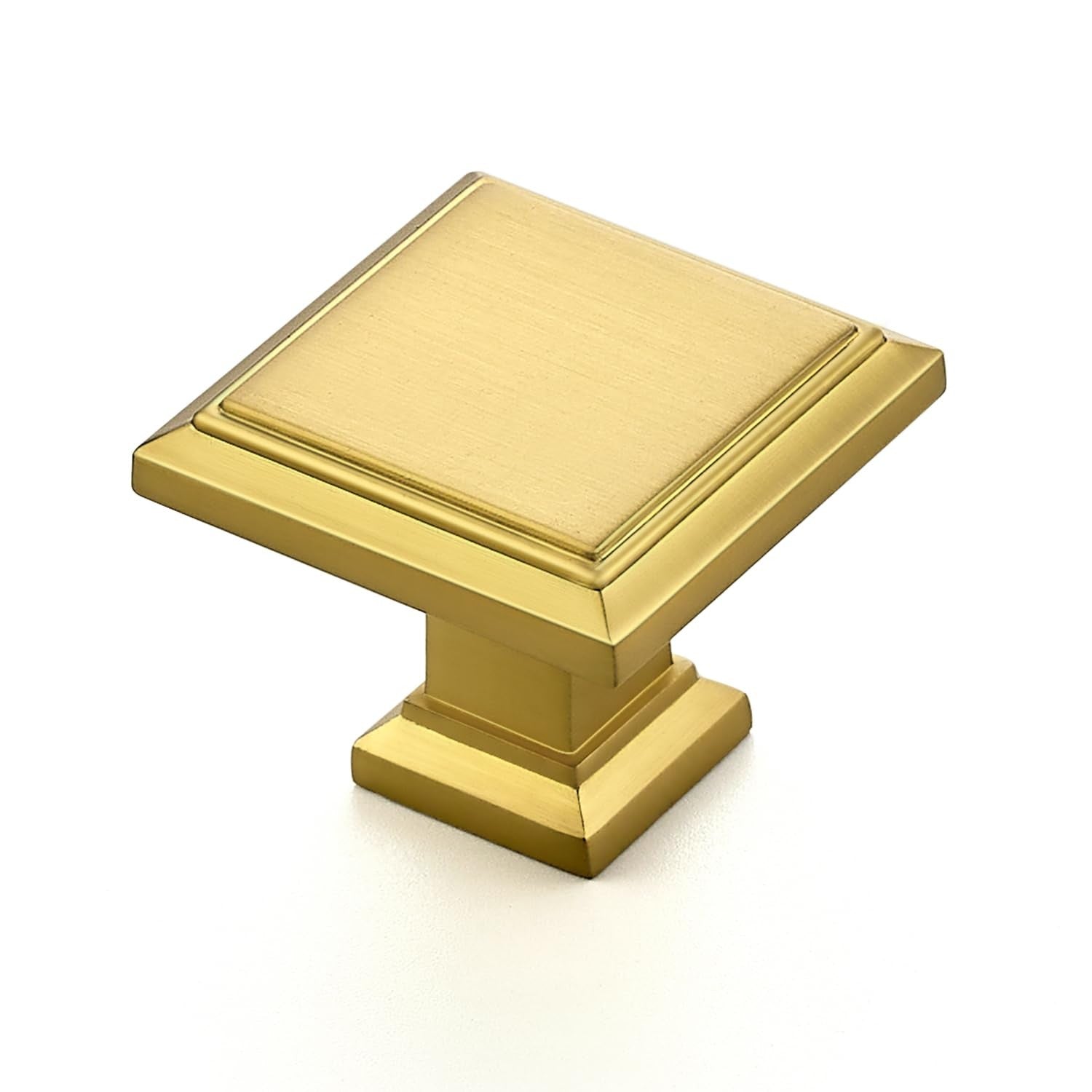 Set of 10 Ravinte brushed brass kitchen square cabinet knobs, solid metal drawer handles for modern cabinetry.