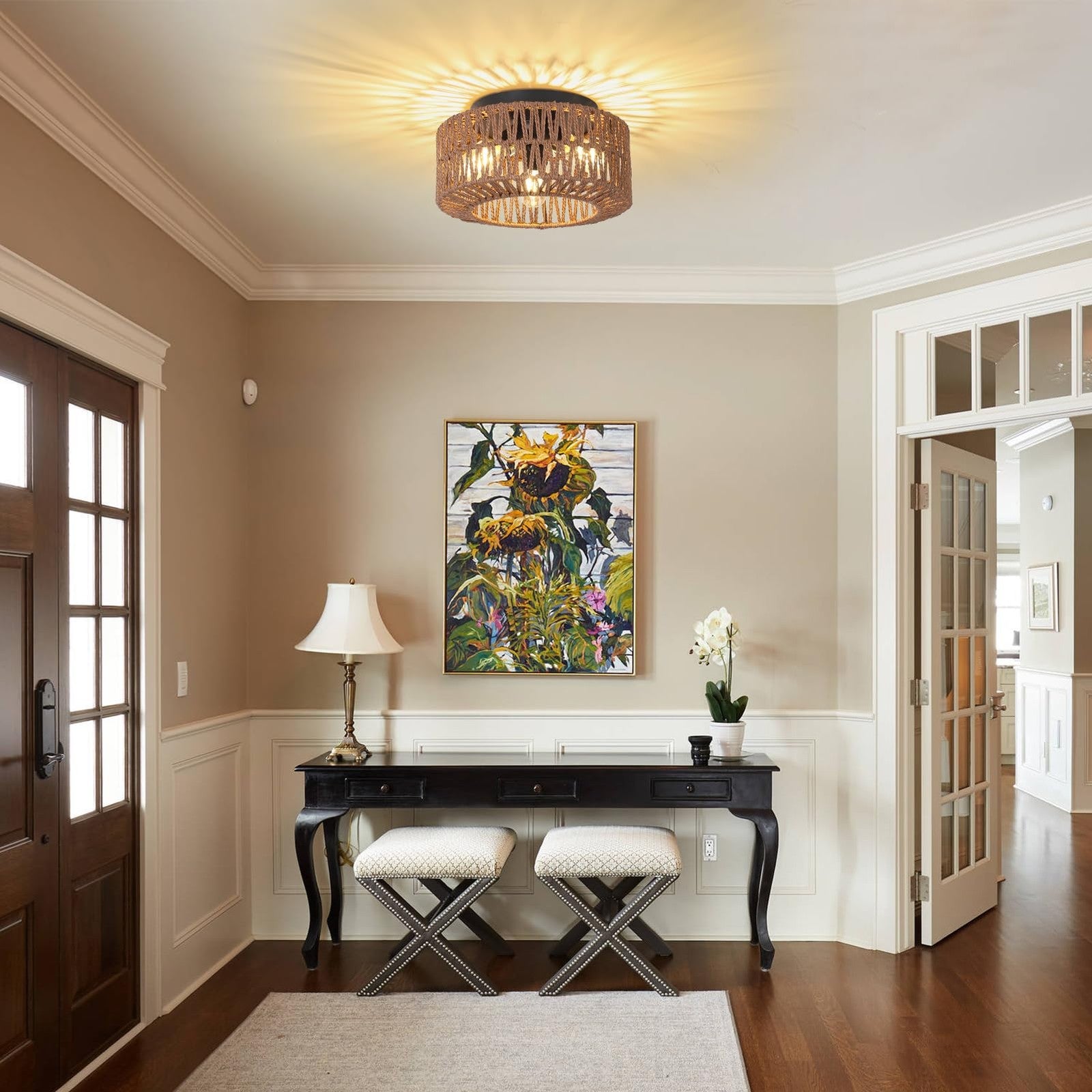 PAUFUL boho farmhouse 3-light rattan ceiling light fixture with rustic design and woven rattan accents.
