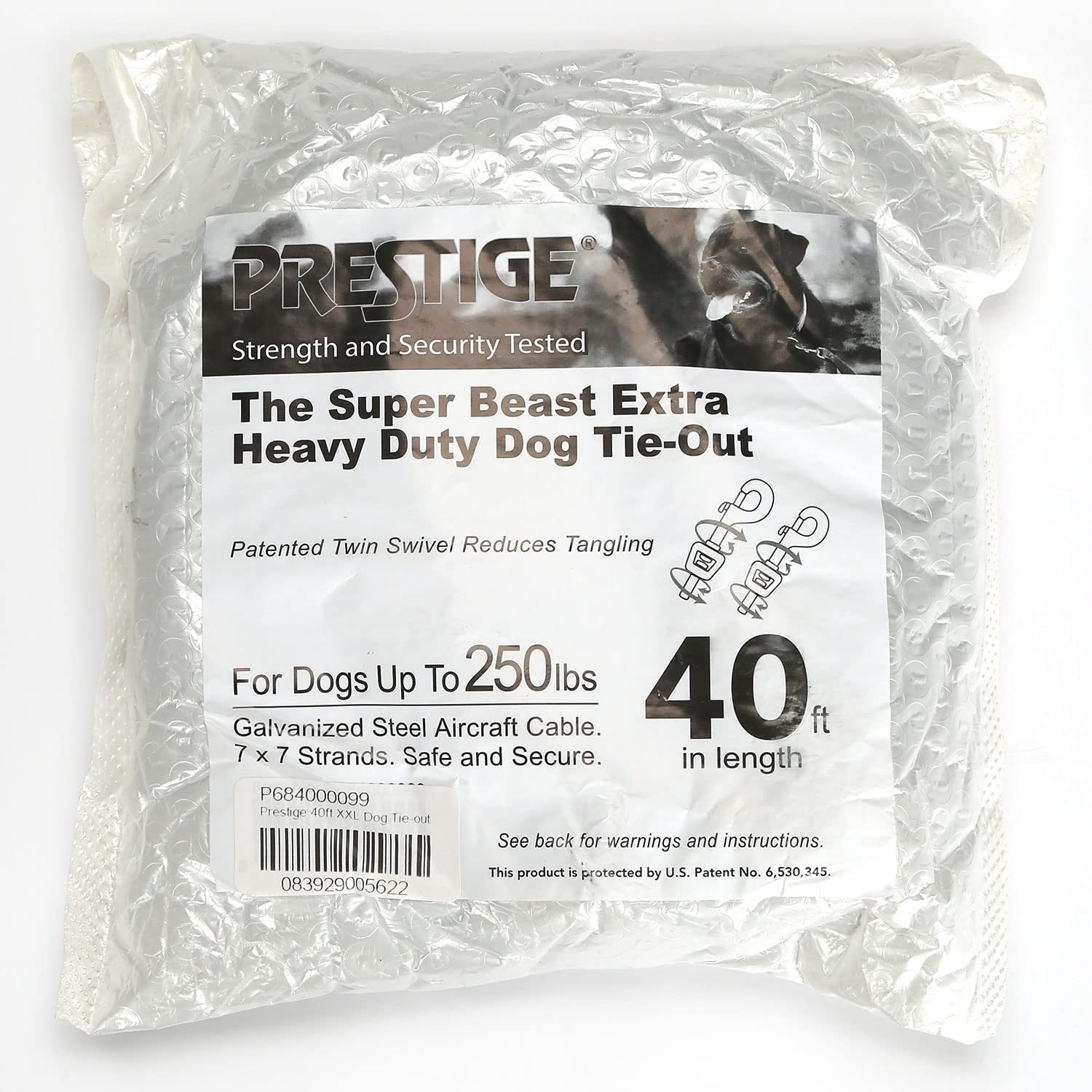 Boss Pet Prestige Super Beast XXL 40ft heavy-duty dog tie-out leash stretched out on grass, showing durable nylon material.