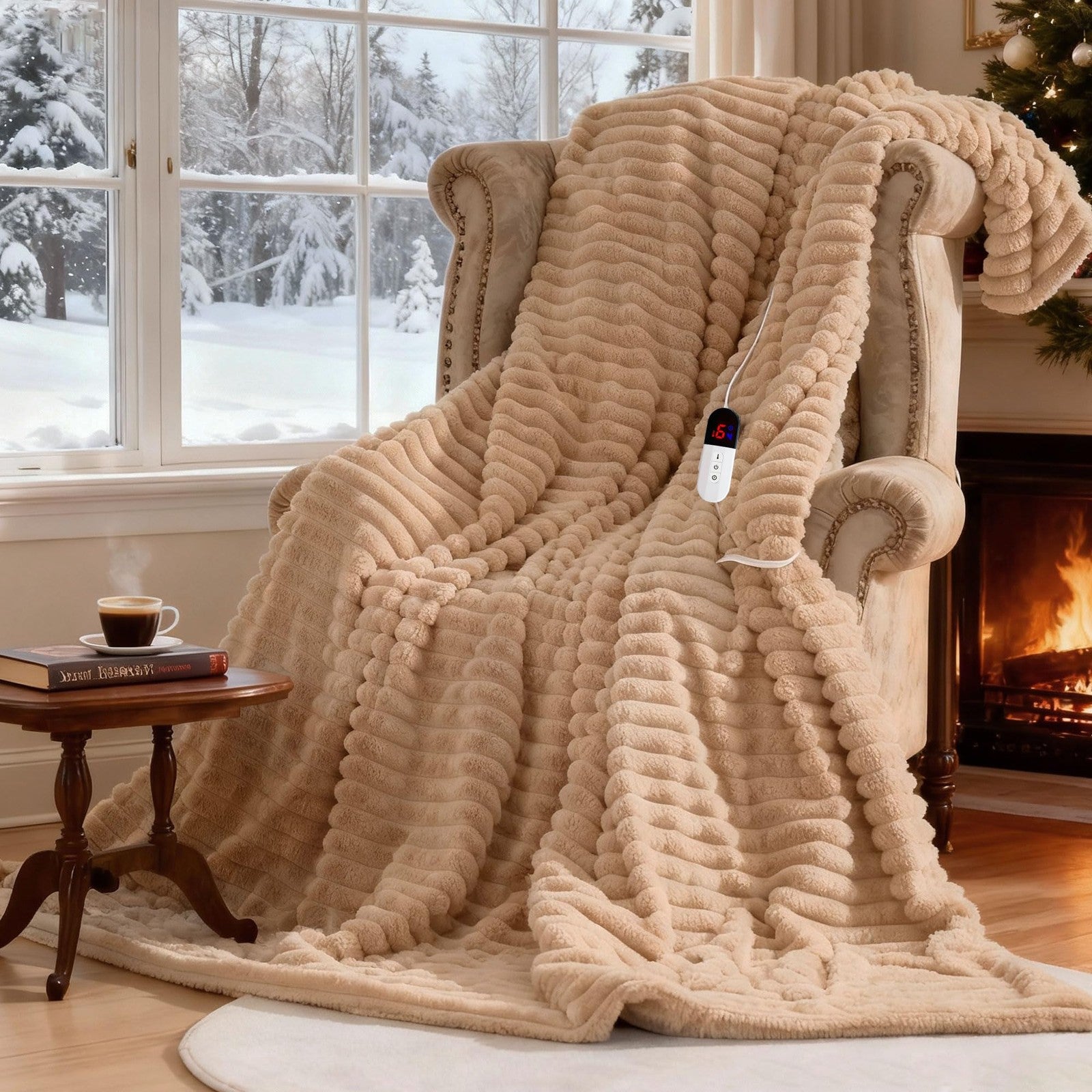 AEPINBH heated electric blanket throw with 6-level fast heating and auto-off feature, shown in soft faux fabric.