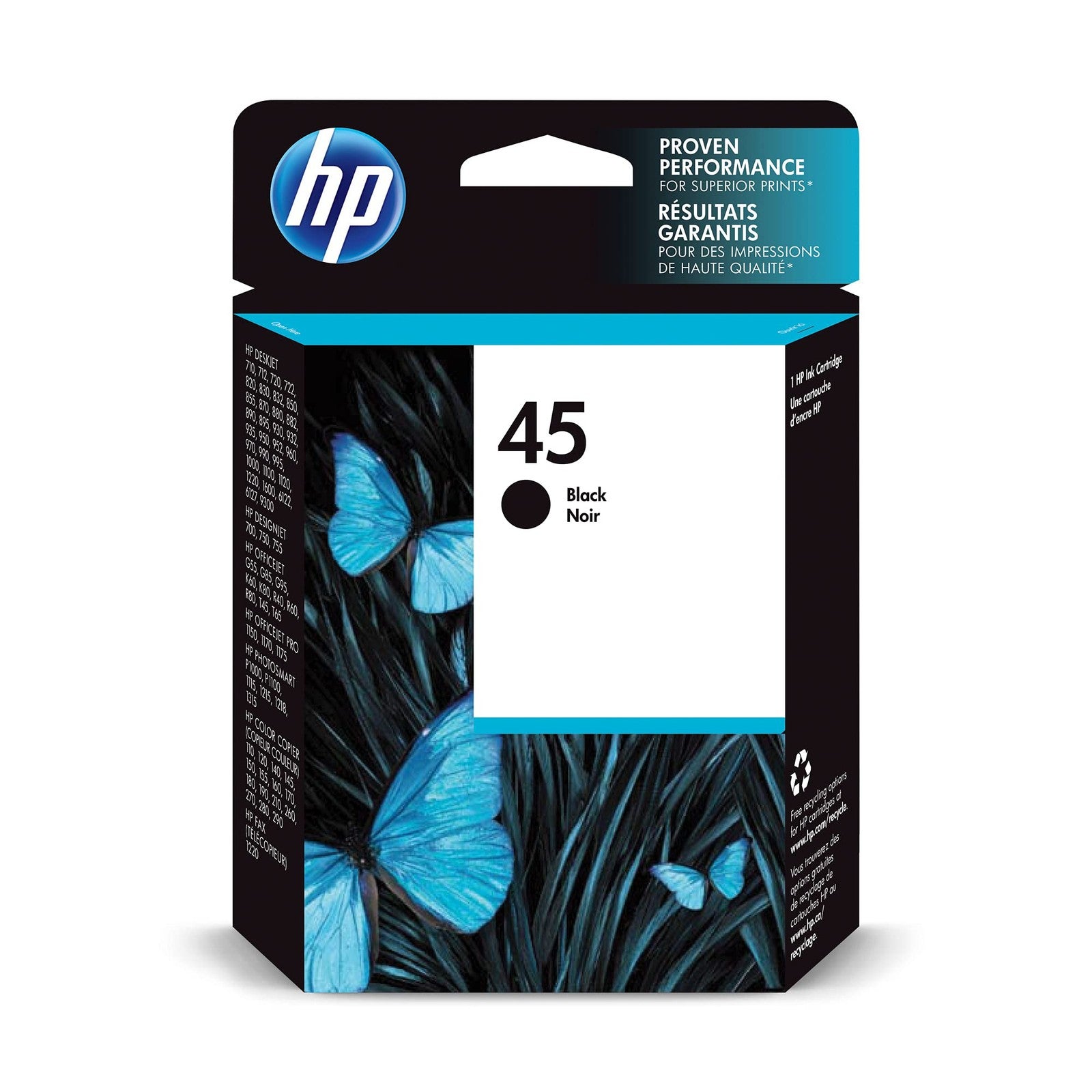 HP Original HP 45 Black Ink Cartridge, compatible with select HP DeskJet and DesignJet printers, shown in the image.