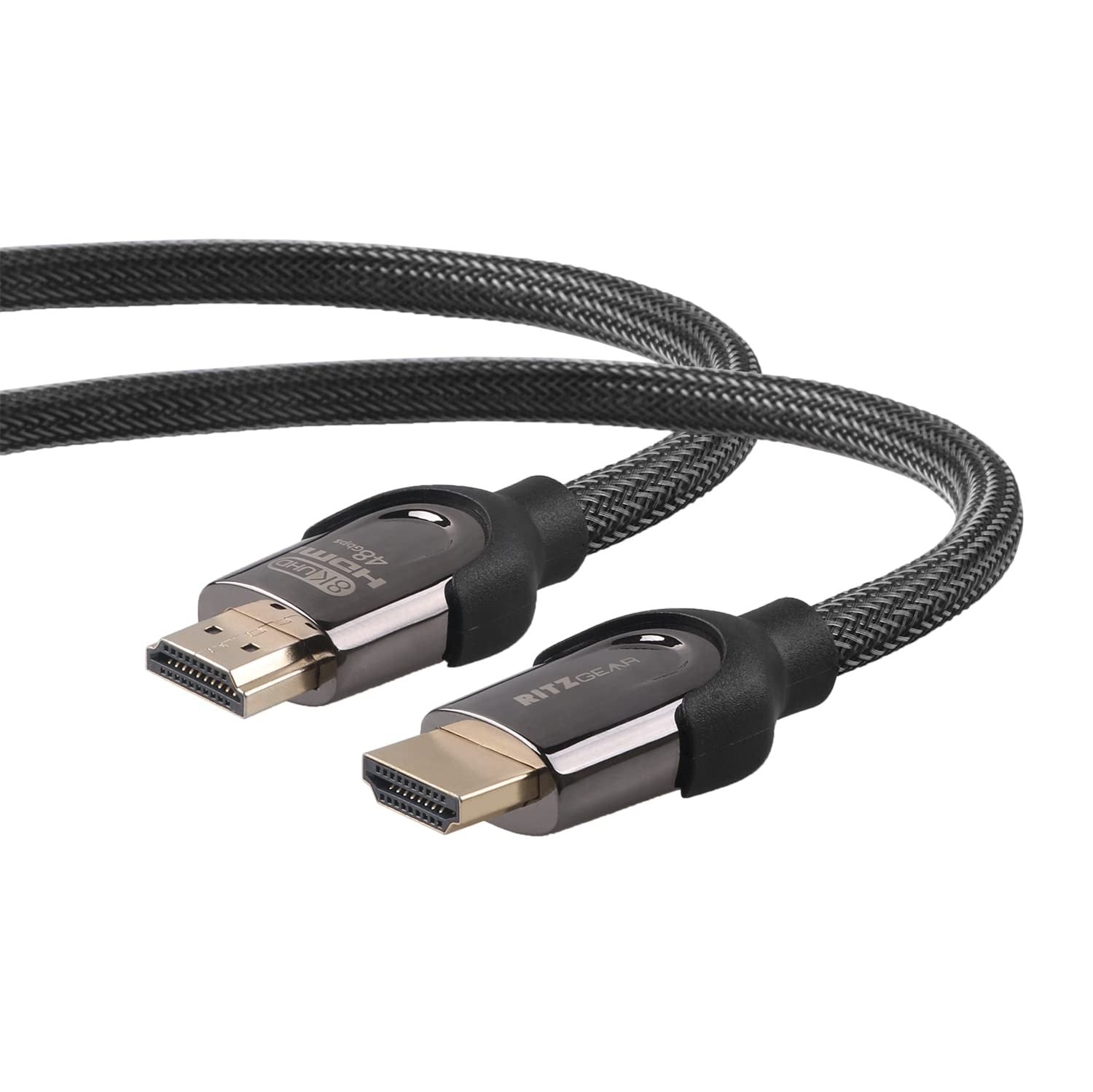 Ritz Gear 8K HDMI 2.1 cable, 6 ft, ultra high speed braided nylon cord with gold-plated connectors for 48 Gbps data transfer.