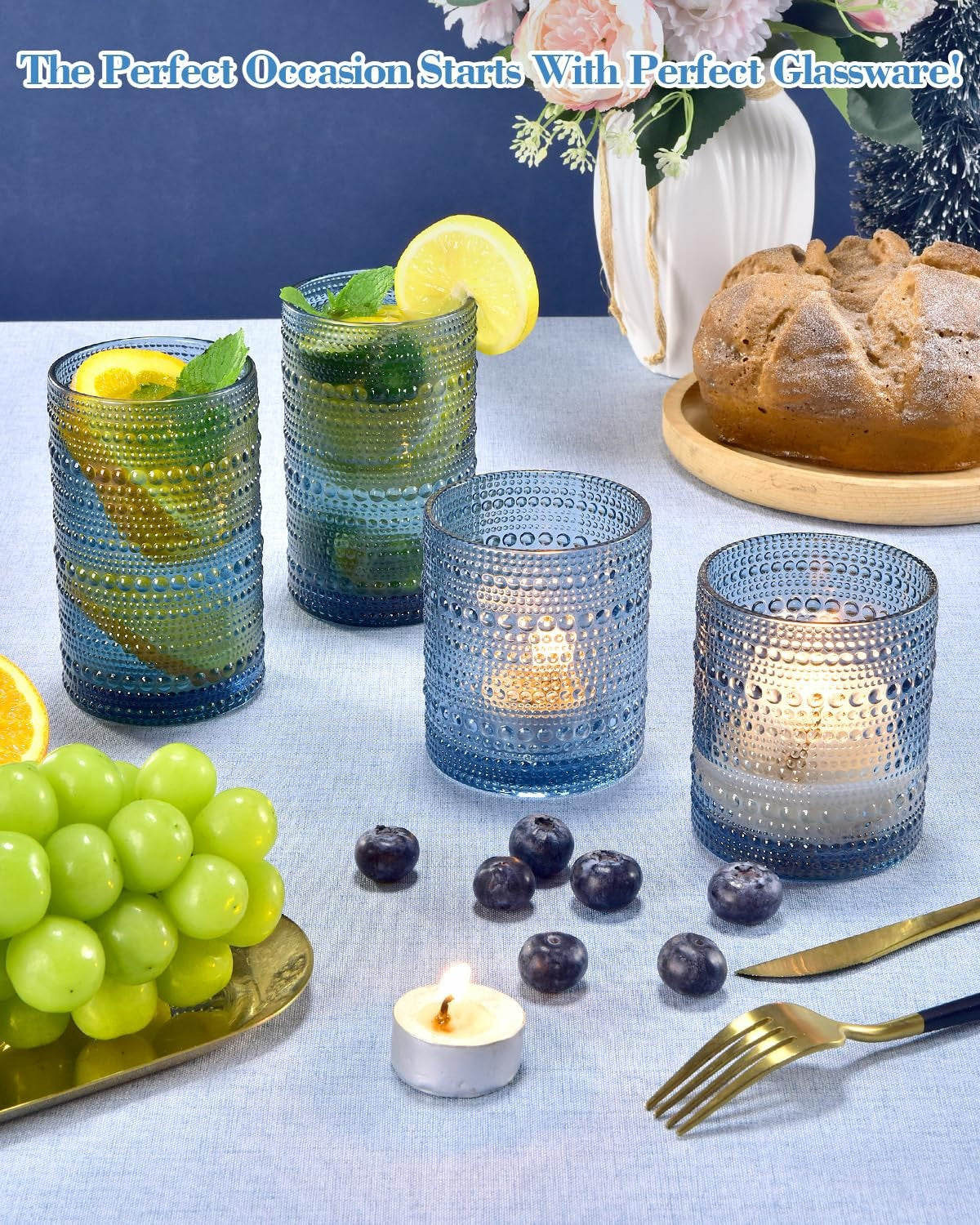 Set of 8 blue ISMASOAN hobnail drinking glasses, vintage style, 14 oz and 12 oz, featuring textured glassware design.