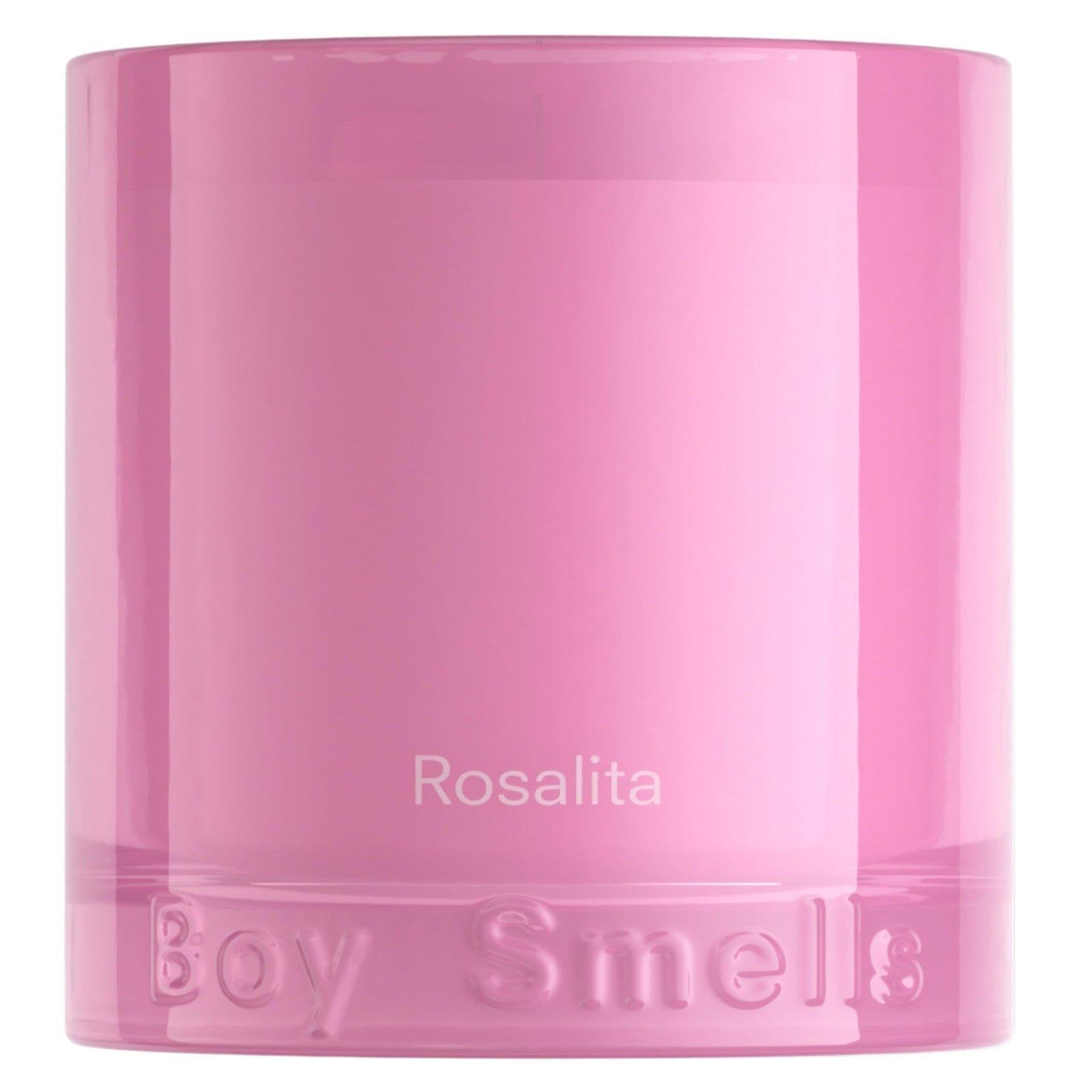 Boy Smells Rosalita Rose scented candle in an 8.5 oz glass jar, featuring luxurious leather and floral fragrance details.