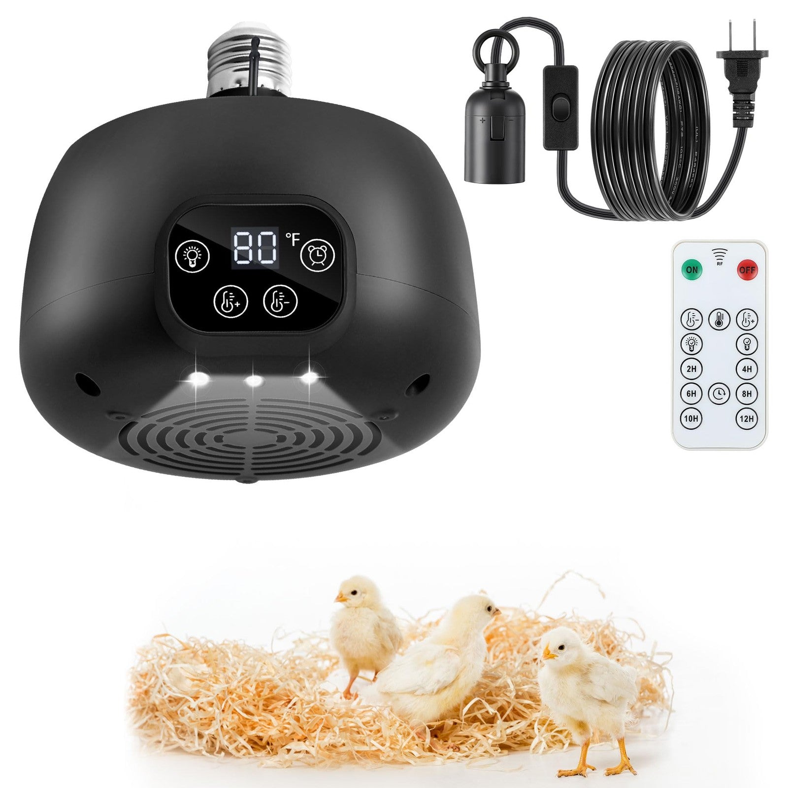 Gulfmew 200W chicken coop heater with remote control, providing warmth and temperature regulation for poultry coops.