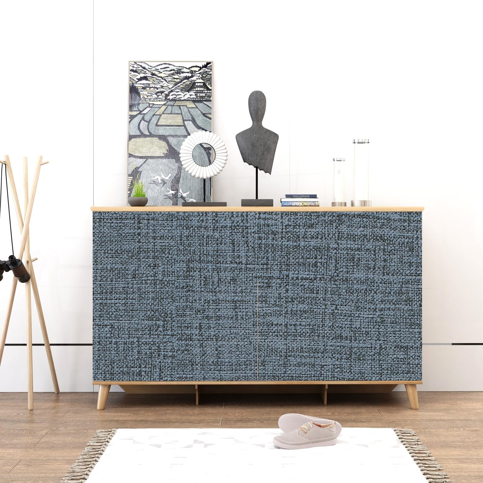 Blue Amiya Grasscloth Wallpaper with peel and stick faux fabric linen texture, ideal for stylish interior wall decor.