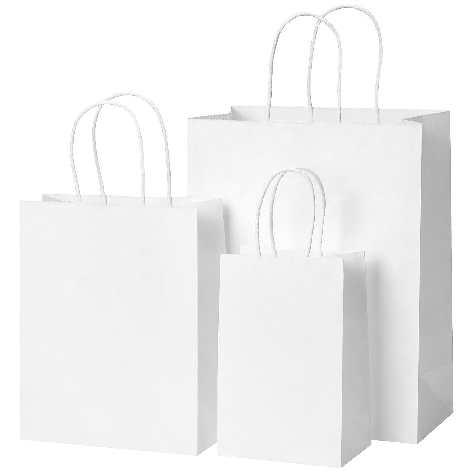 OUTUXED 100 white kraft paper gift bags with handles in three sizes, ideal for retail, parties, and gifting occasions.