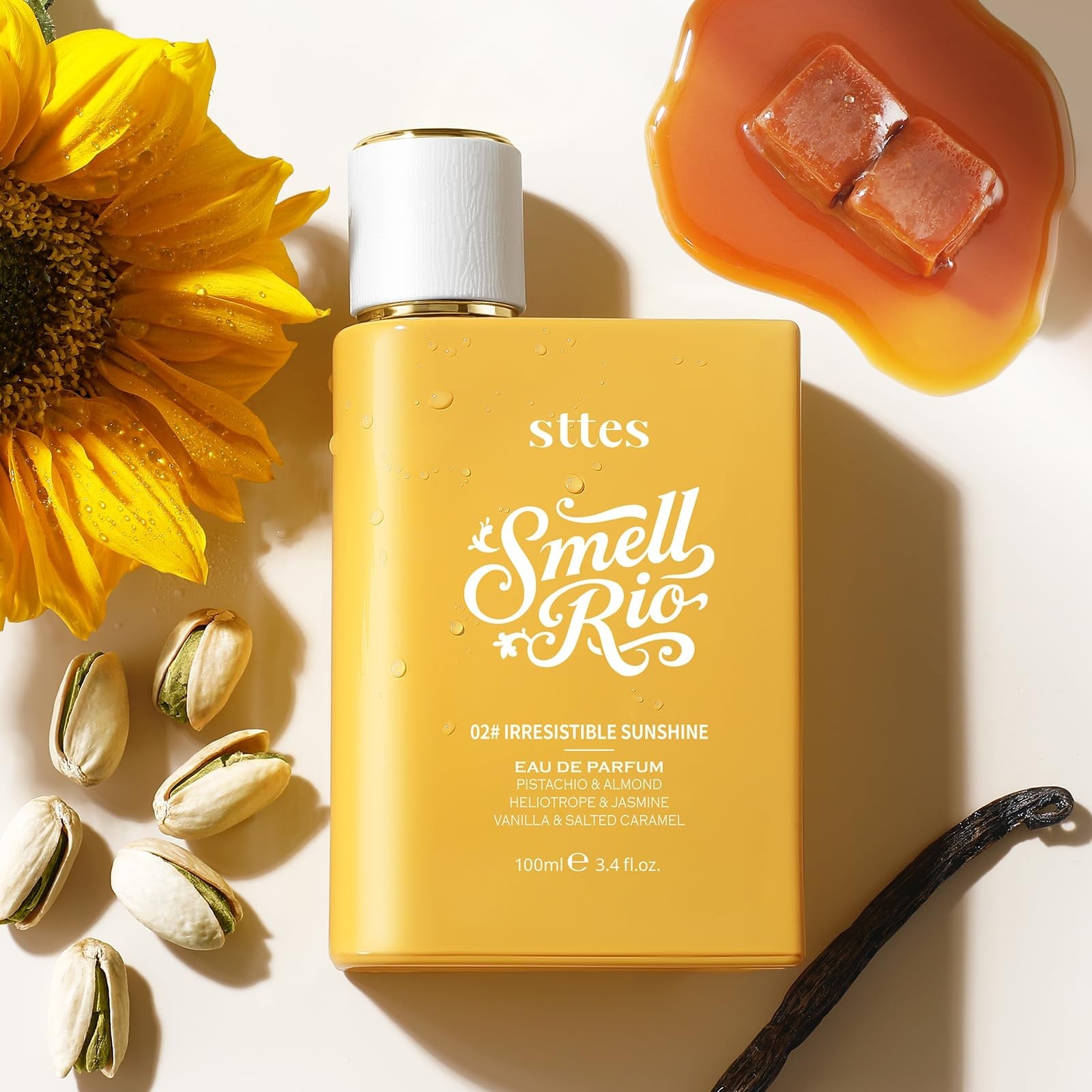 Sttes Perfume 02# Irresistible Sunshine bottle featuring vanilla, salted caramel, and floral notes in a sleek glass design.