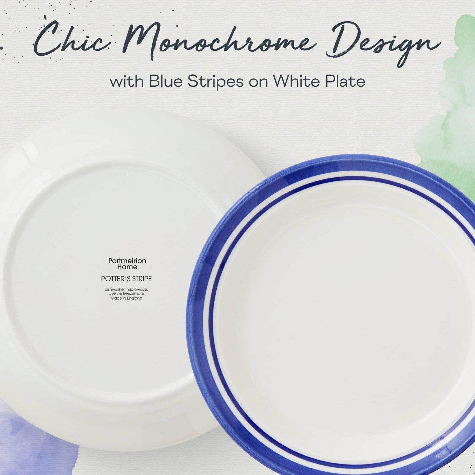 Set of four Portmeirion Potter's Stripe 8-inch salad plates with colorful earthenware design, perfect for casual dining.
