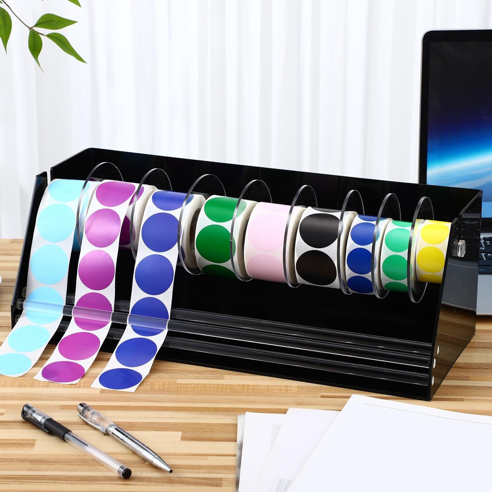 Feifeiya adjustable acrylic sticker roll dispenser with 9 disks, clear label holder for organizing stickers and labels.