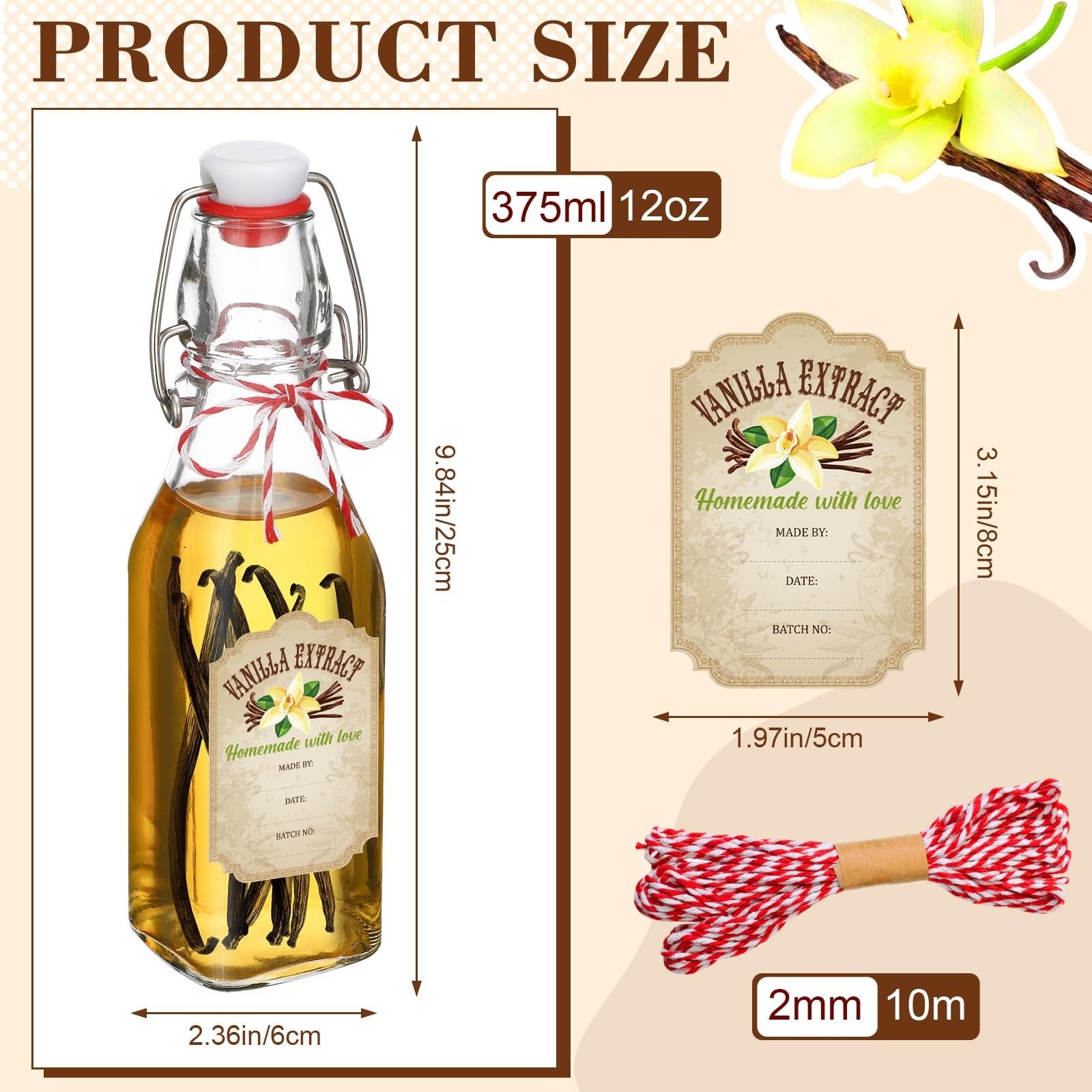 Uiifan 12-pack of 12 oz clear glass vanilla extract bottles with caps, showcasing empty whiskey-style bottles for liquids or extracts.