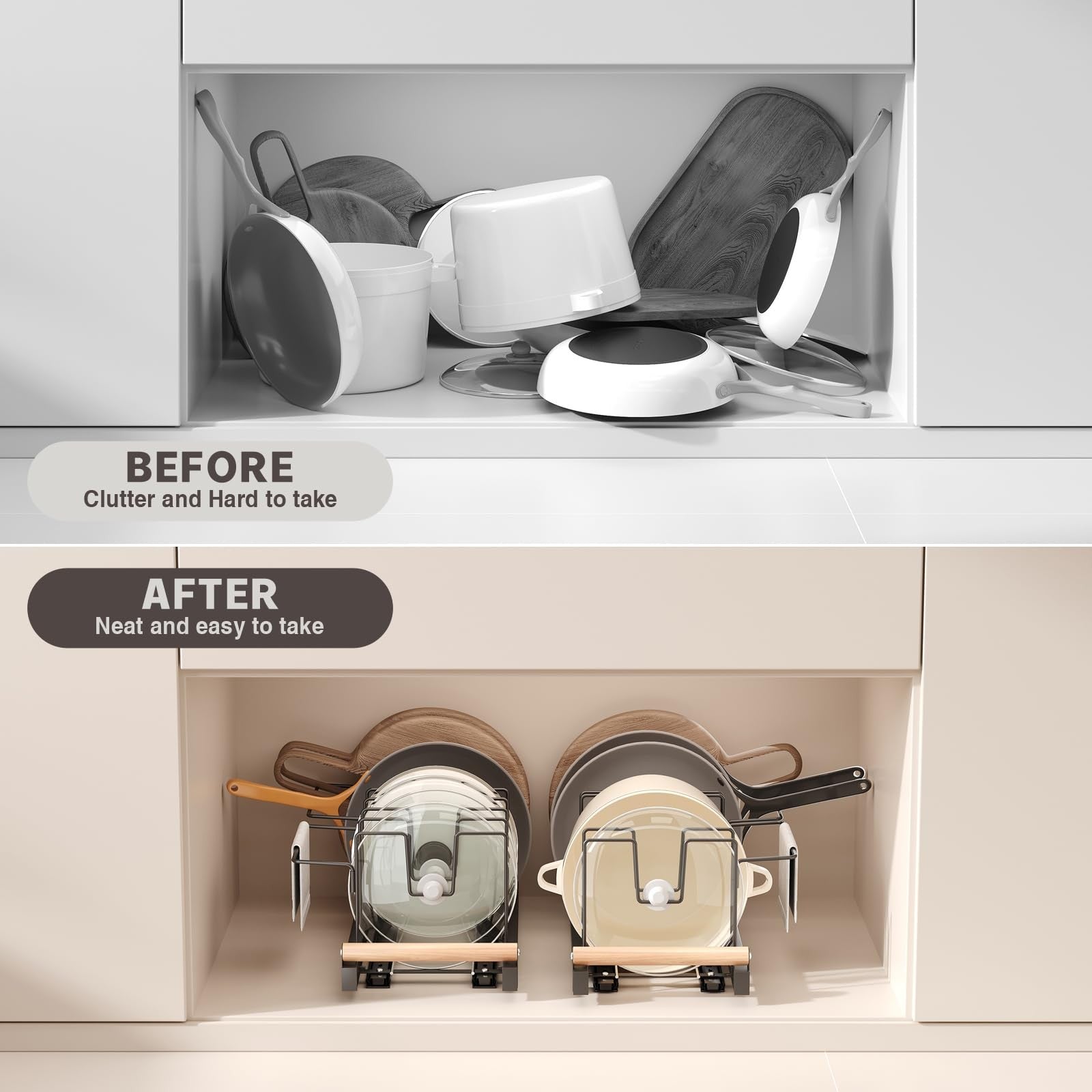 Magheo pull-out pots and pans organizer under cabinet, 22-inch deep expandable lid storage for kitchen organization