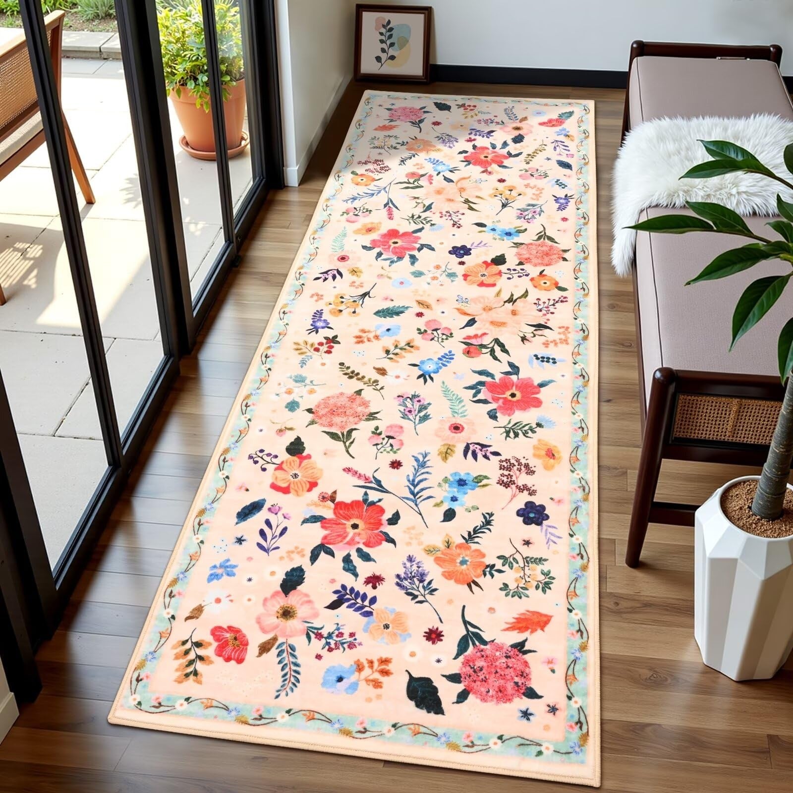 Macgace floral runner rug with washable flower print and non-slip backing, ideal for hallway or entryway decor.