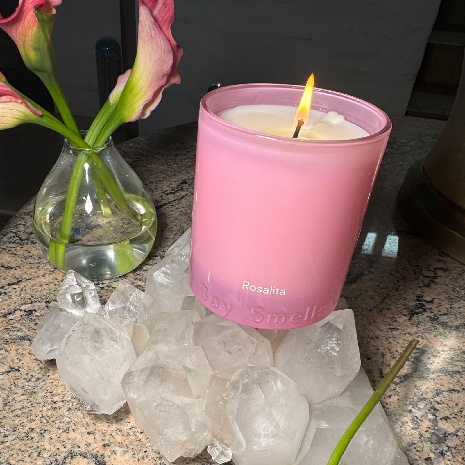 Boy Smells Rosalita Rose scented candle in an 8.5 oz glass jar, featuring a luxurious leather and floral design.