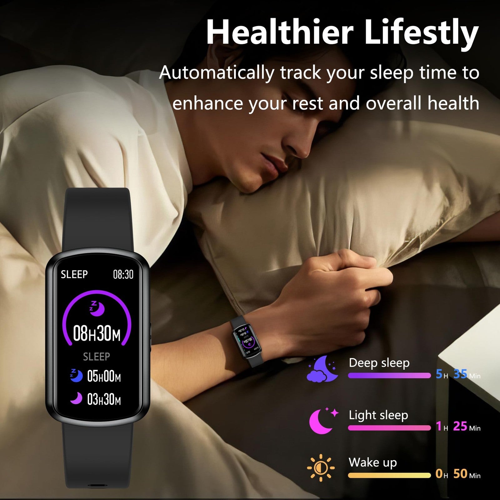 JYUAJOI health fitness tracker smart watch displaying heart rate and blood pressure readings on screen.