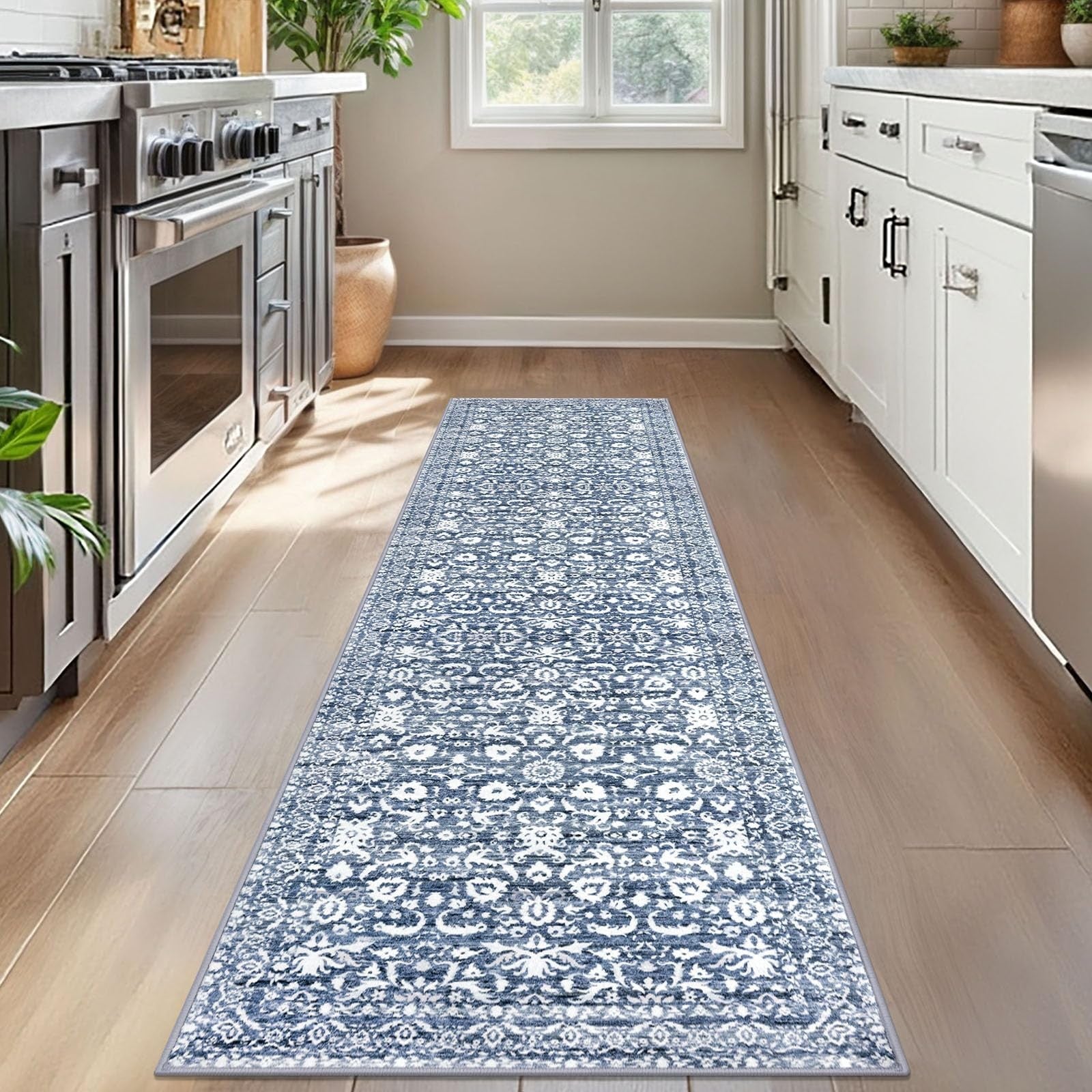 Lansny Vintage Floral 2x7 light blue and white washable non-slip bedroom runner rug with floral pattern on a wooden floor.
