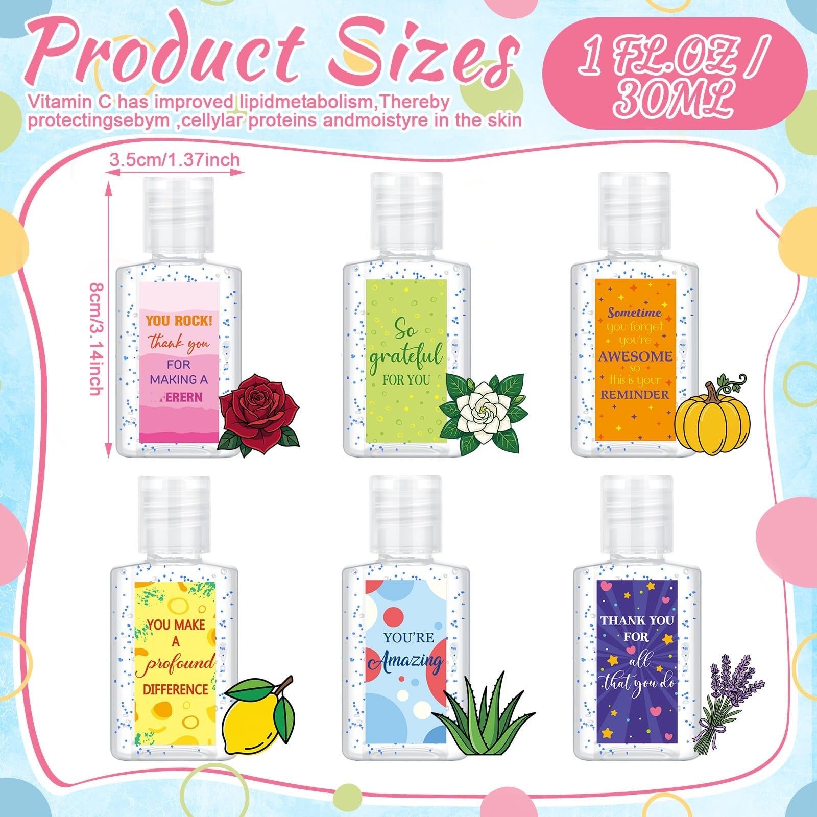 Set of 48 Frienda thank you mini hand sanitizers, 1oz travel size bottles for employee appreciation and bulk gifting.