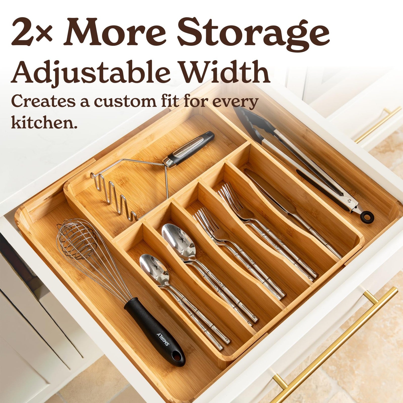 Silverware drawer organizer by Smirly with adjustable bamboo compartments for kitchen drawer storage and organization.