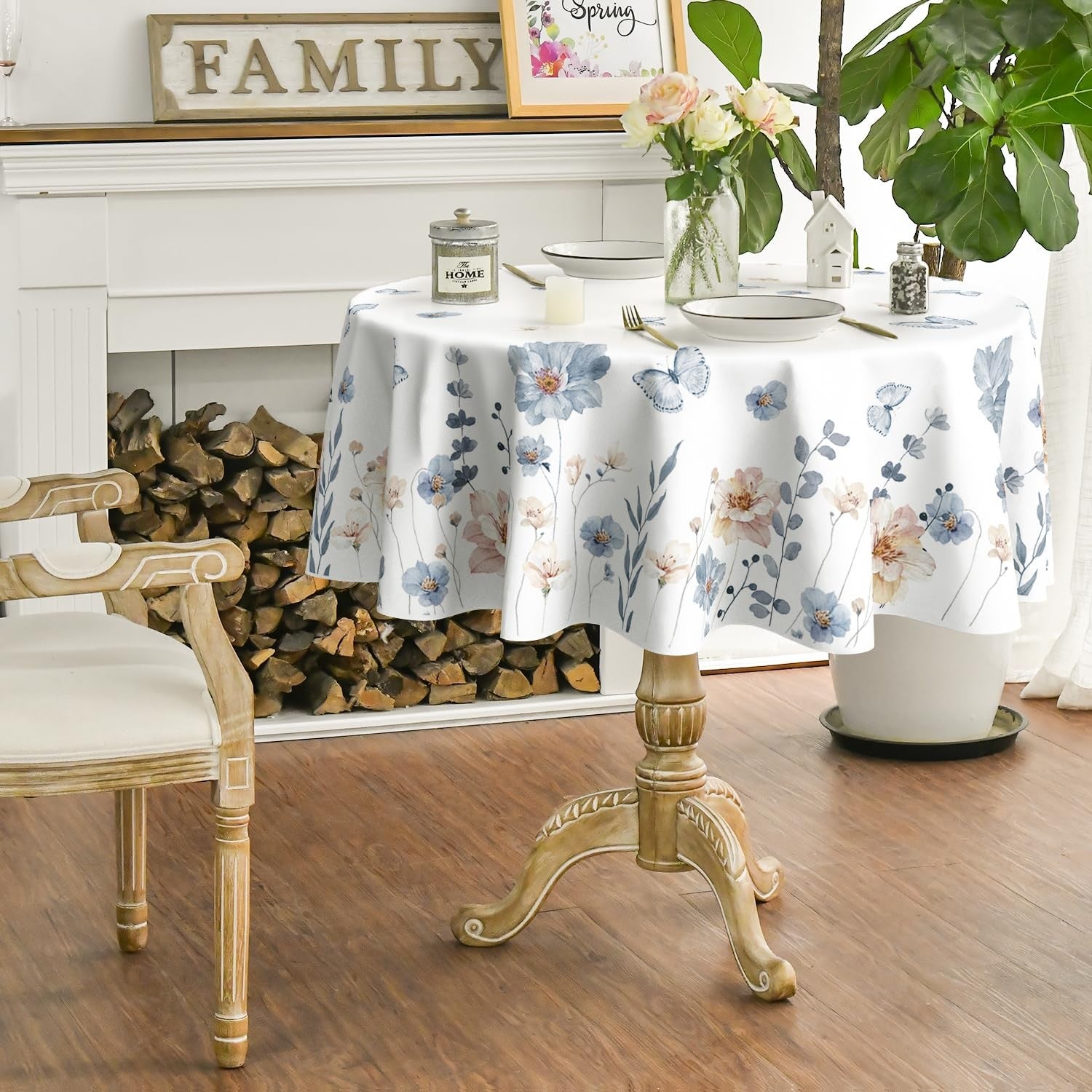 Horaldaily spring round tablecloth with watercolor flower design, 90x90 inches, washable and seasonal for dining decor.