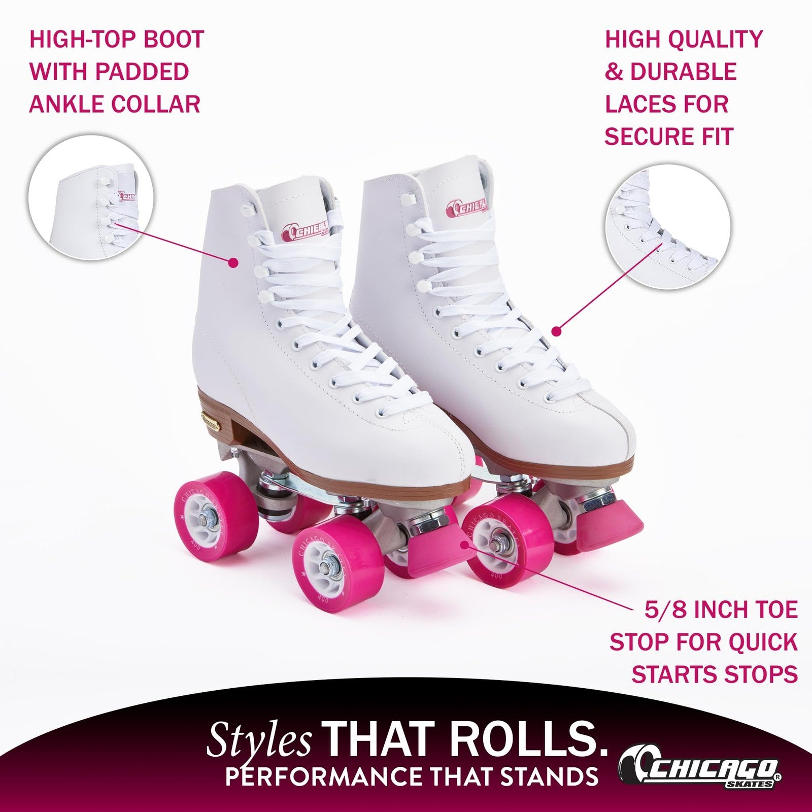 Chicago Skates premium white quad roller skates for girls and women, featuring classic design and adjustable laces.