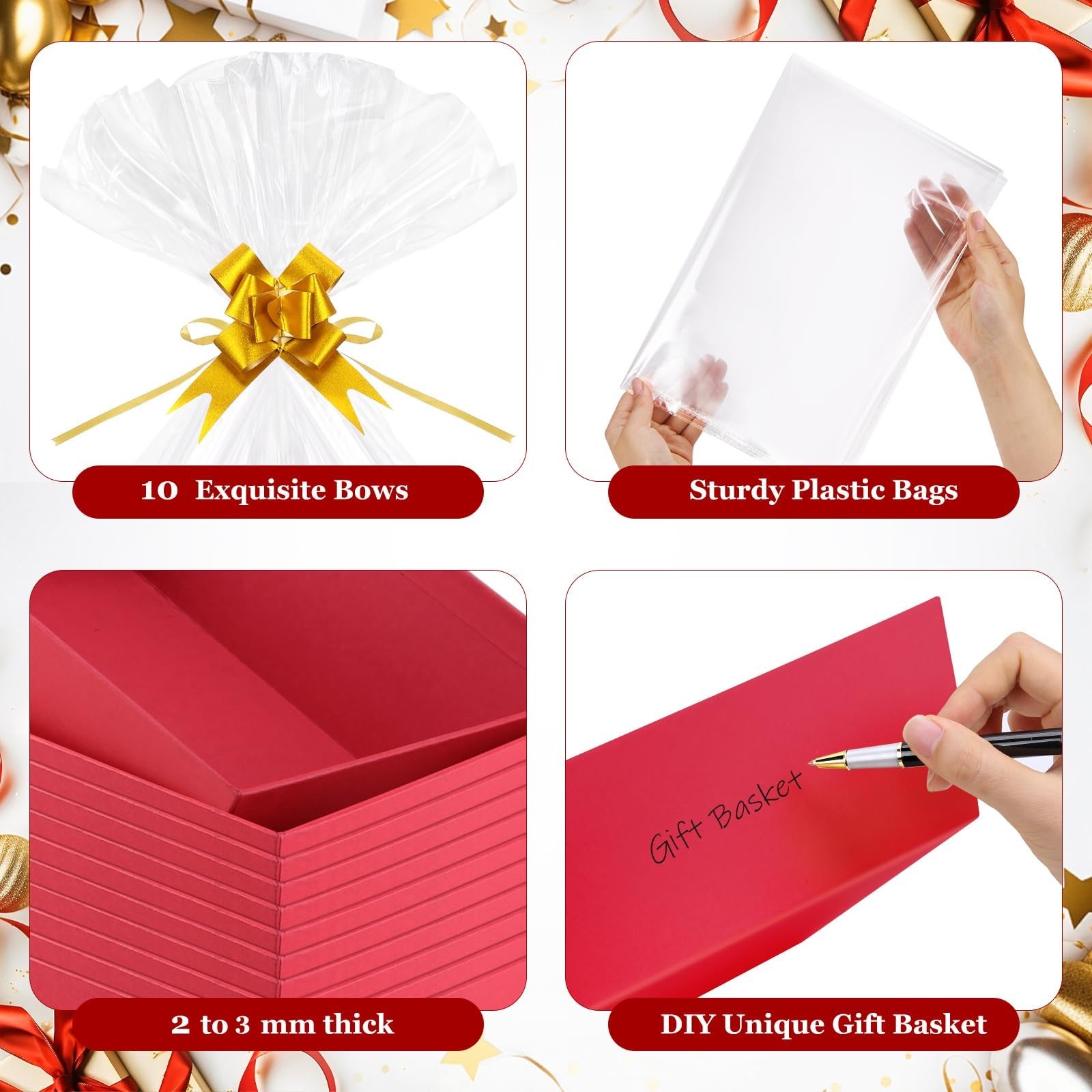 Six red AFOROEOA gift baskets with bows, 10x12 inches, made of thick material, suitable for gift packaging and presentation.