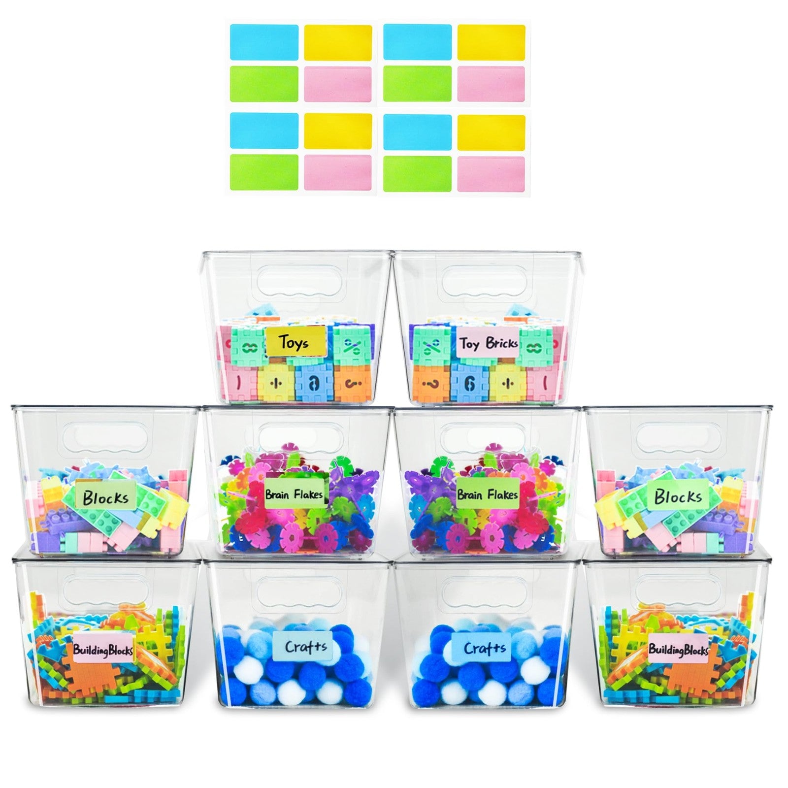 Stackable plastic toy storage bins by Rolheit with lids, ideal for organizing children's toys and keeping play areas tidy.