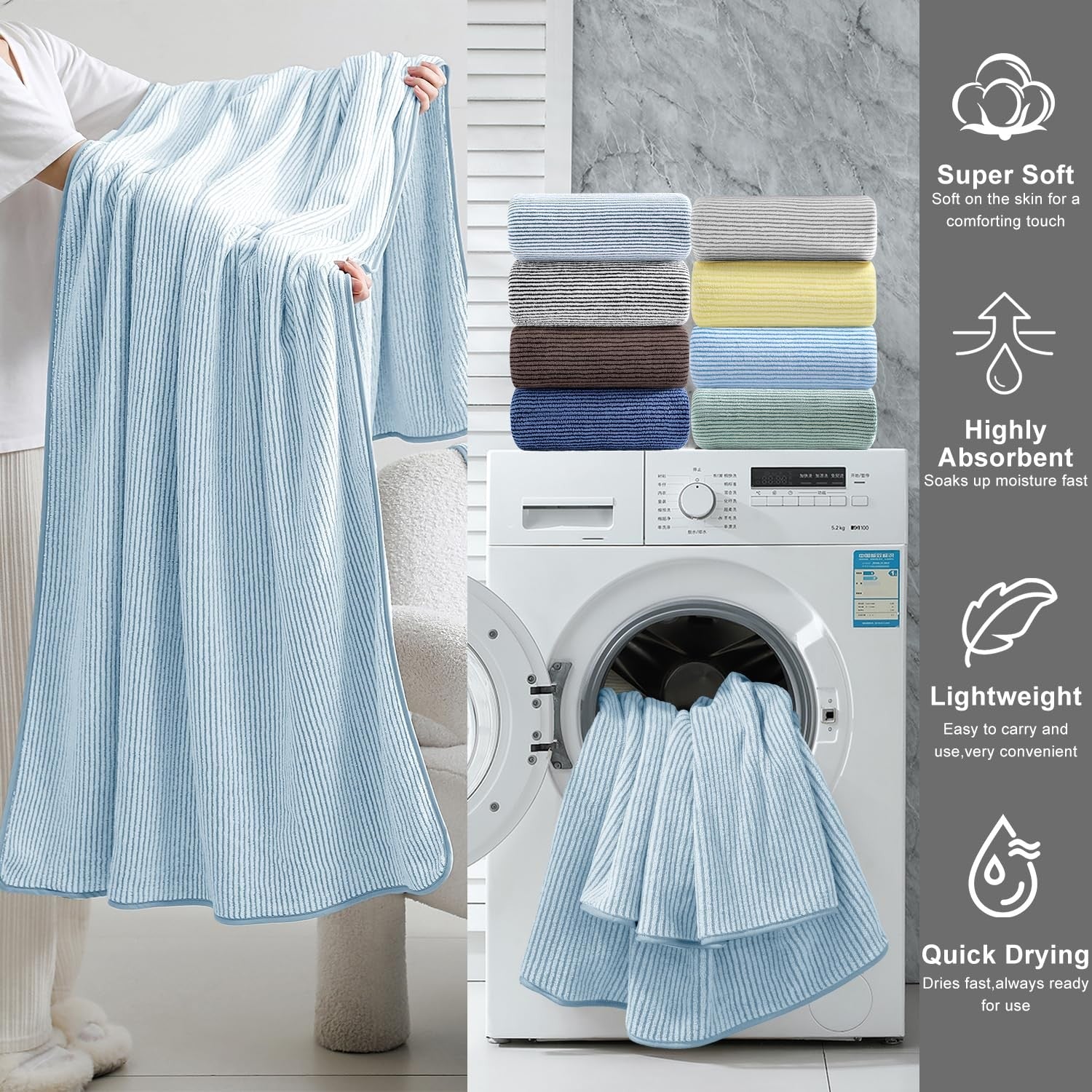 Jessy Home 8-piece microfiber towel set includes oversized bath sheets and hand towels in neutral colors, perfect for hotel-style bathroom.