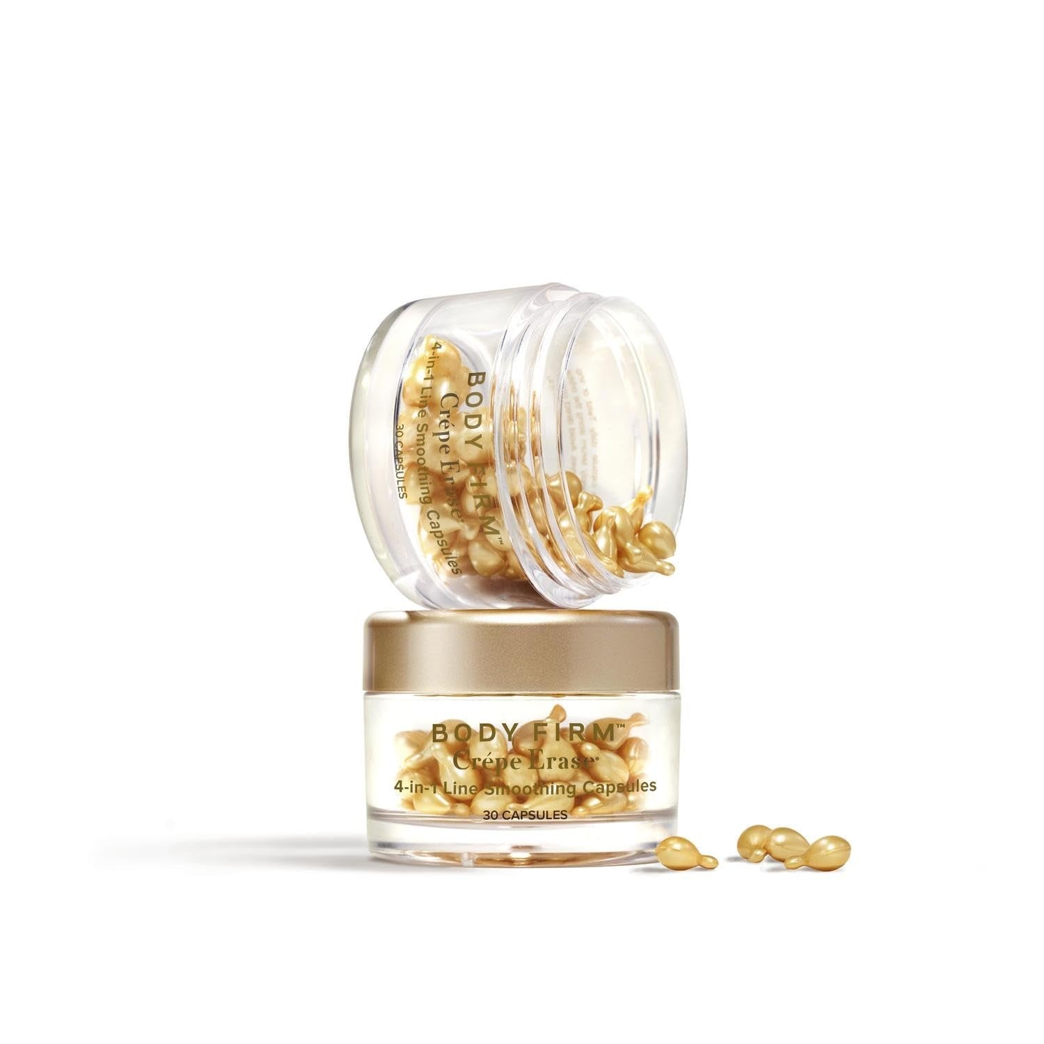 Crepe Erase Body Firm 4-in-1 Line Smoothing Capsules for face, showing the anti-aging, hydrating skincare product in a jar.