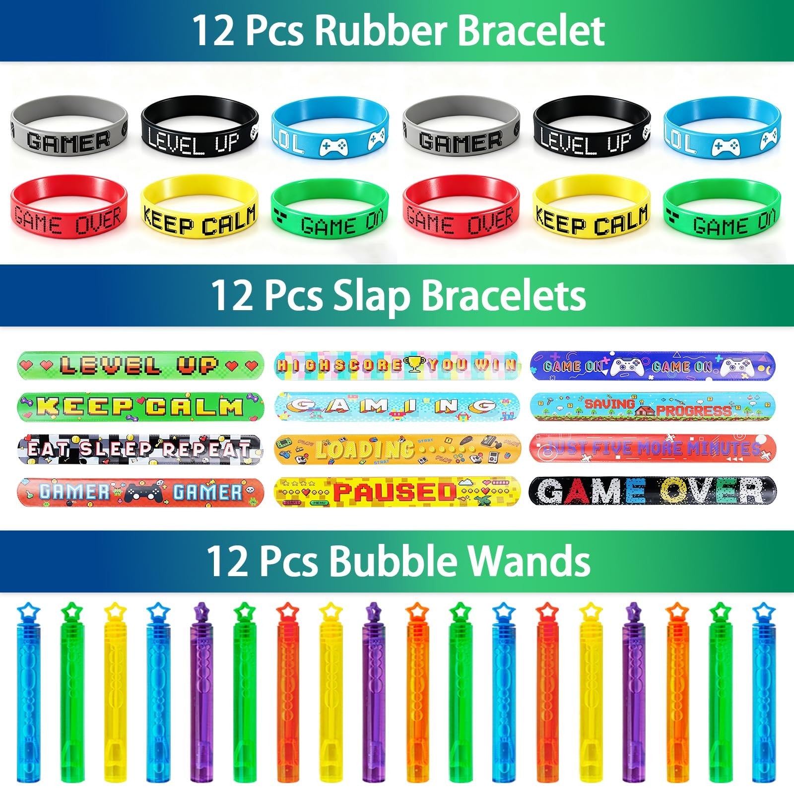 We1stdsee 158-piece video game party favors kit with gamer goodie bags for 12 guests, includes themed toys and accessories.