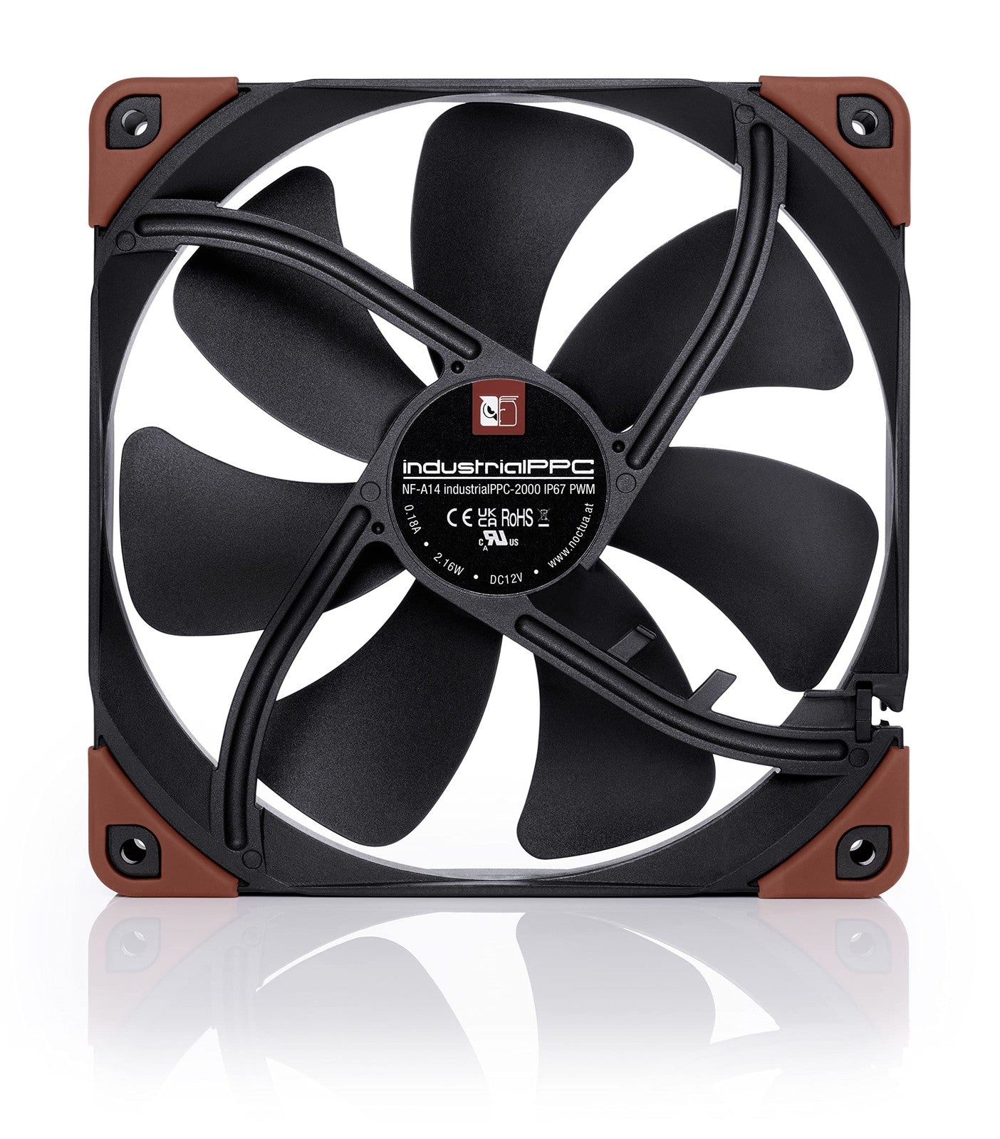 Noctua NF-A14 Industrial PPC-2000 140mm IP67 PWM fan showing black blades and metal frame for industrial cooling applications.