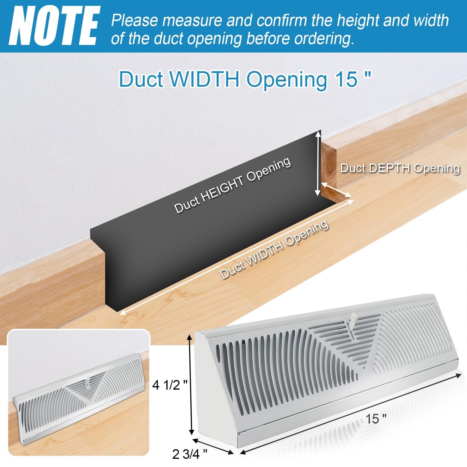 Swess 4-piece white 15-inch baseboard register vent and air diffuser for heating and cooling system.