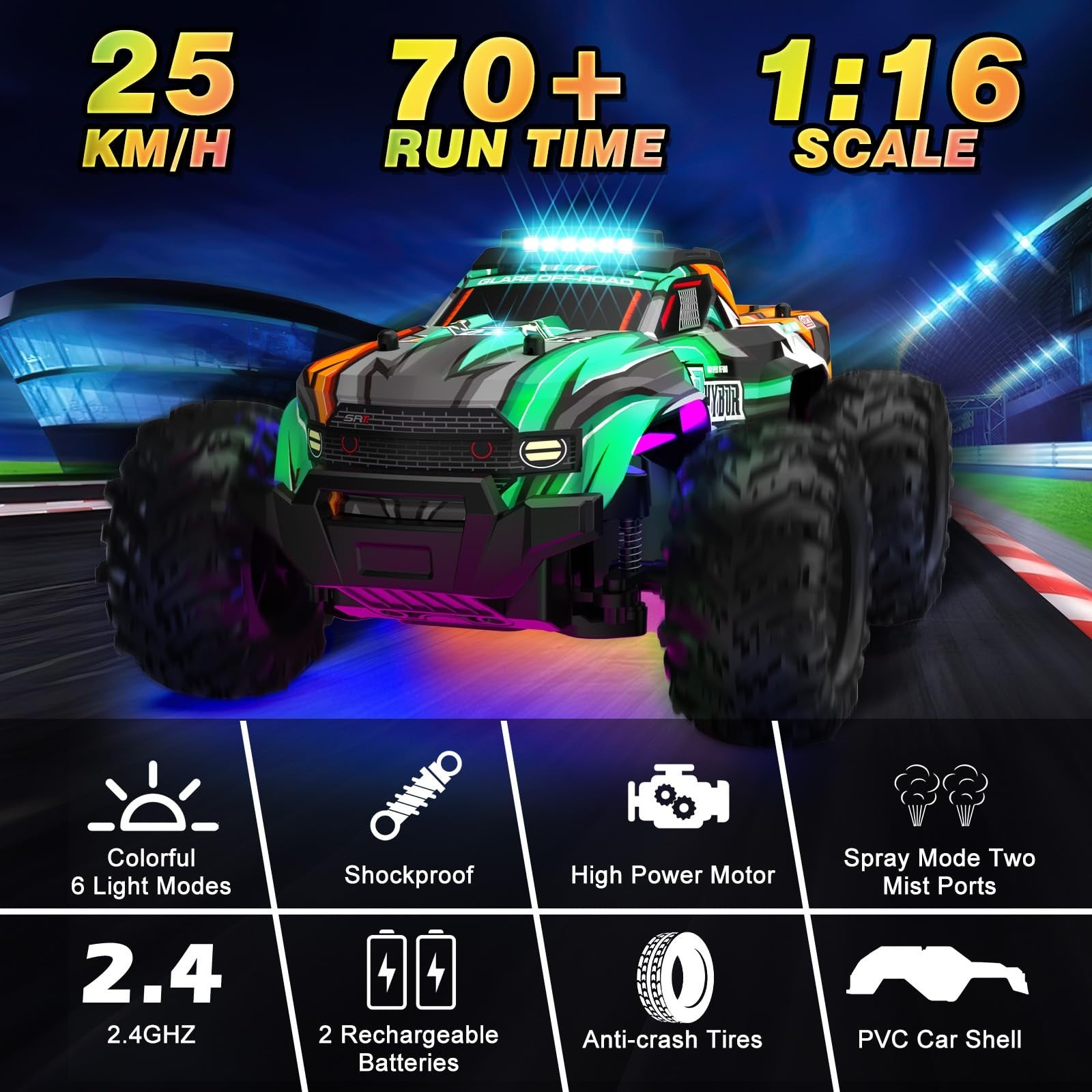 BLUEJAY 1:16 scale all-terrain high-speed remote control car with a blue body, suitable for boys, on rugged outdoor terrain.