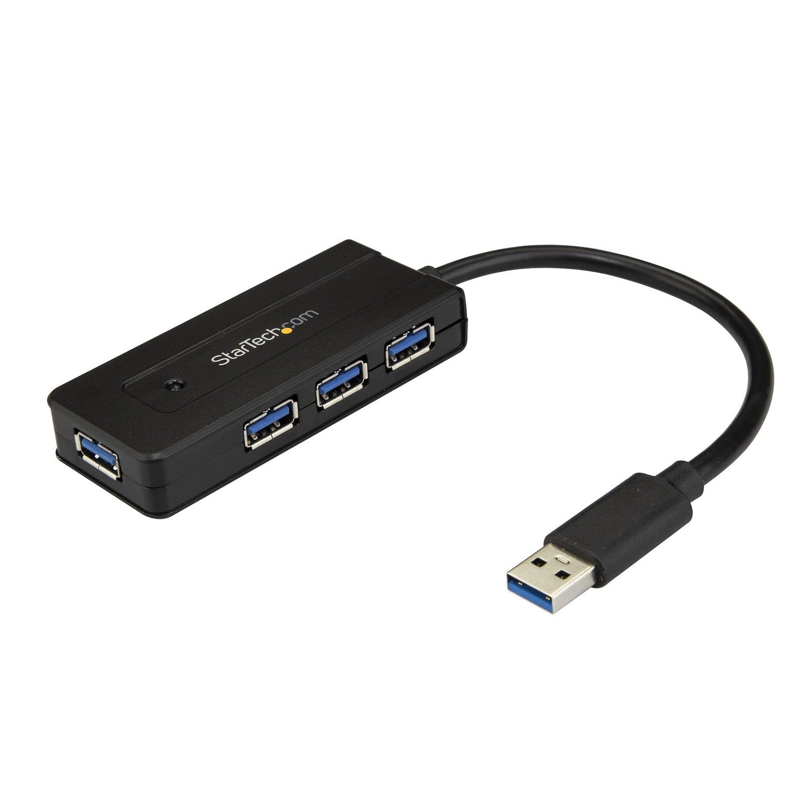 StarTech.com 4-port USB 3.0 hub with SuperSpeed 5Gbps and fast charging, showing compact portable design with multiple USB ports.