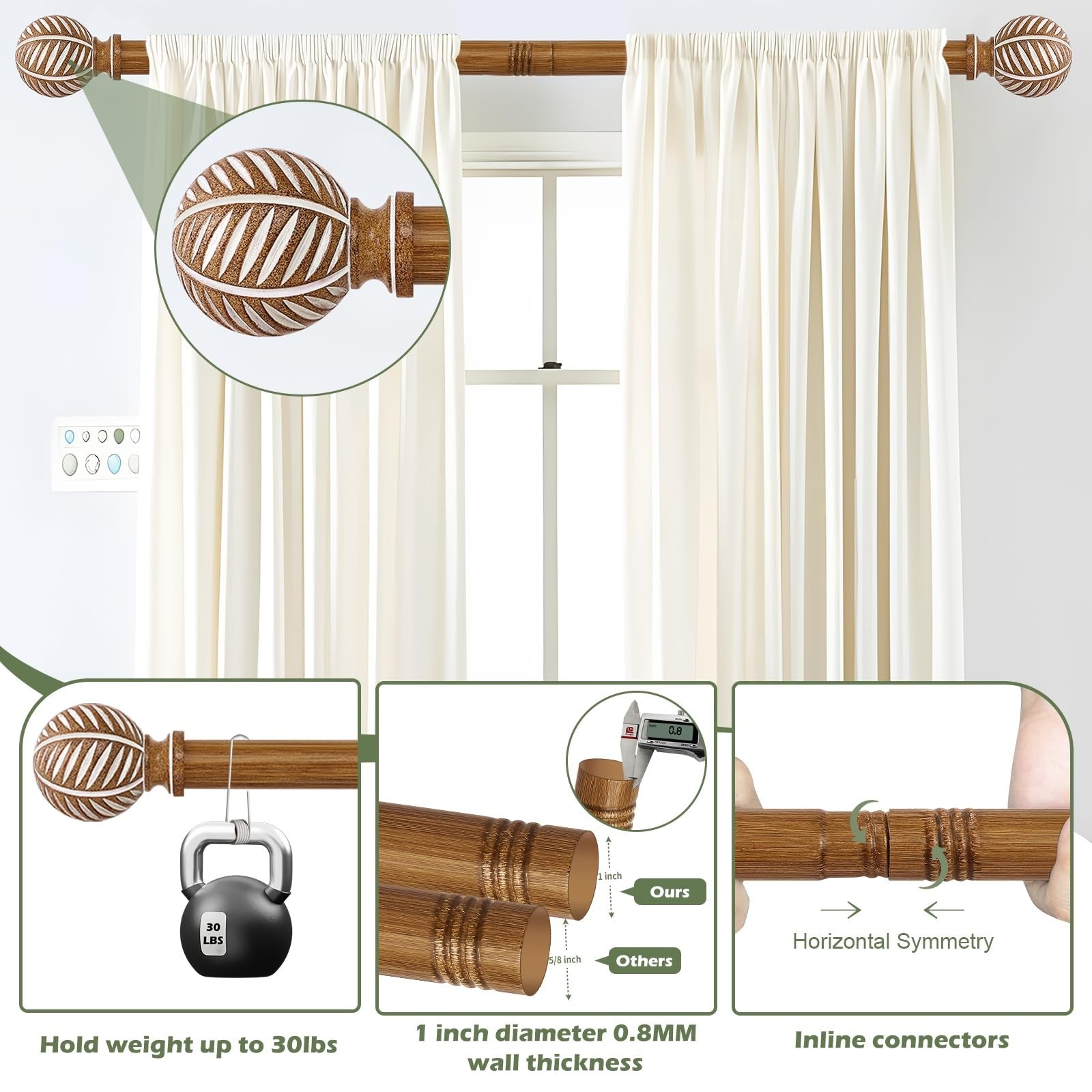 HTZON 2-pack adjustable wood curtain rods with decorative finials, 28-48 inch length, ideal for boho-style window decor.